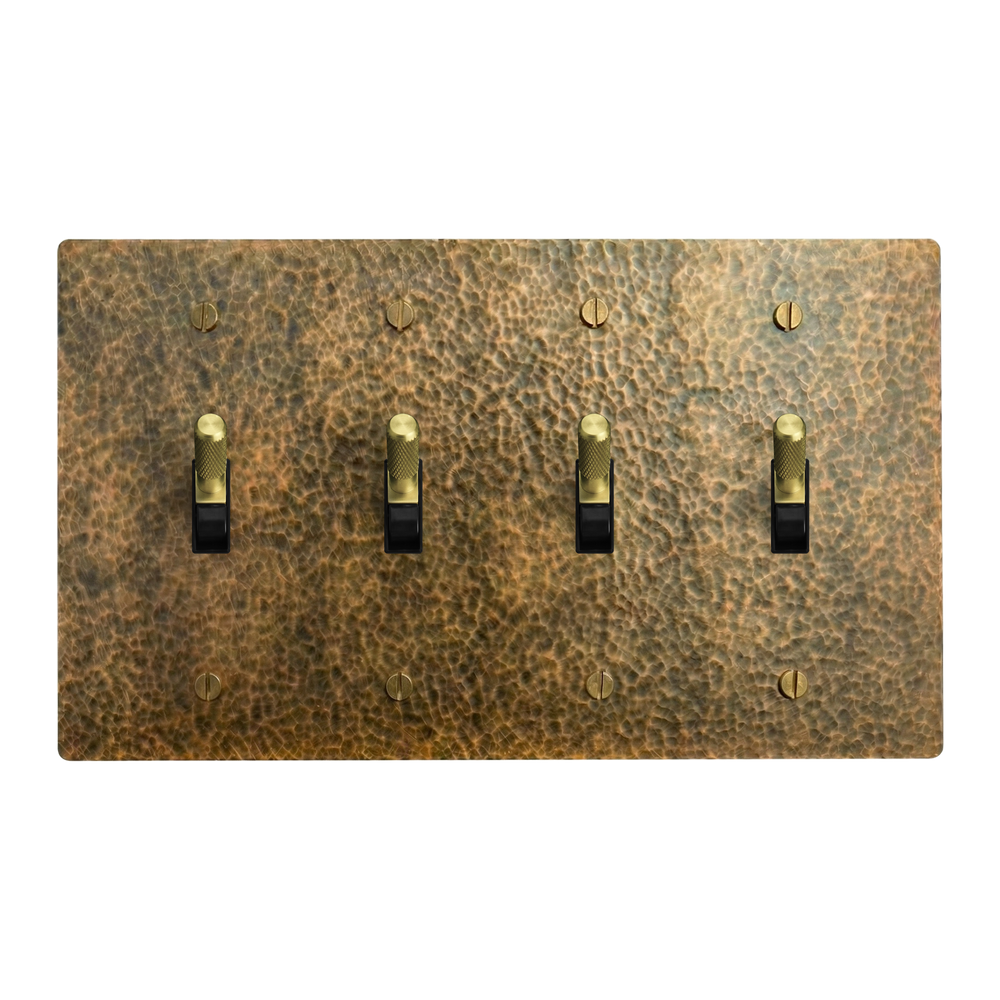 Hammered Brass 4-Gang Toggle, Toggle, Toggle & Toggle Switch Plate in Black