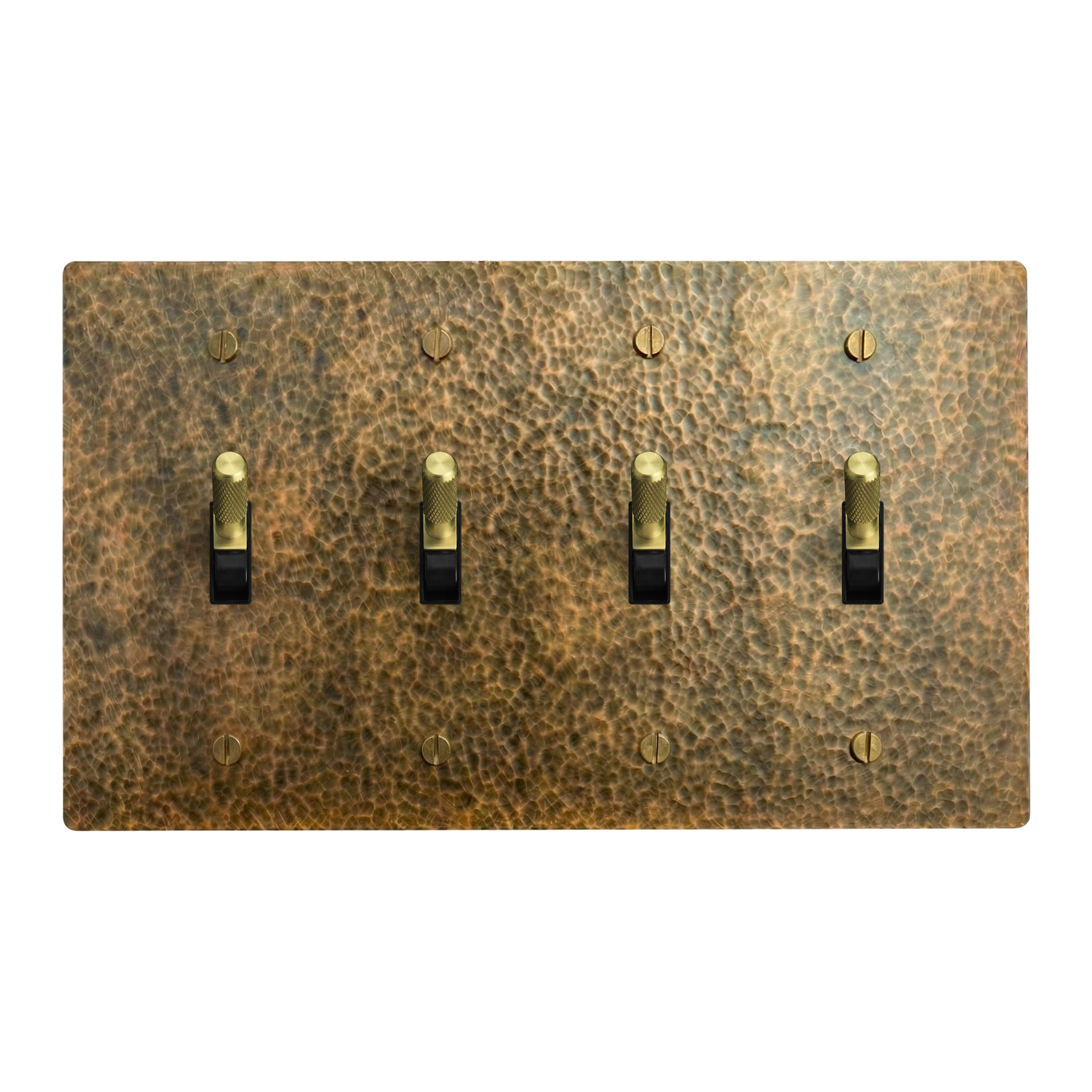 Hammered Brass 4-Gang Toggle, Toggle, Toggle & Toggle Switch Plate in Black