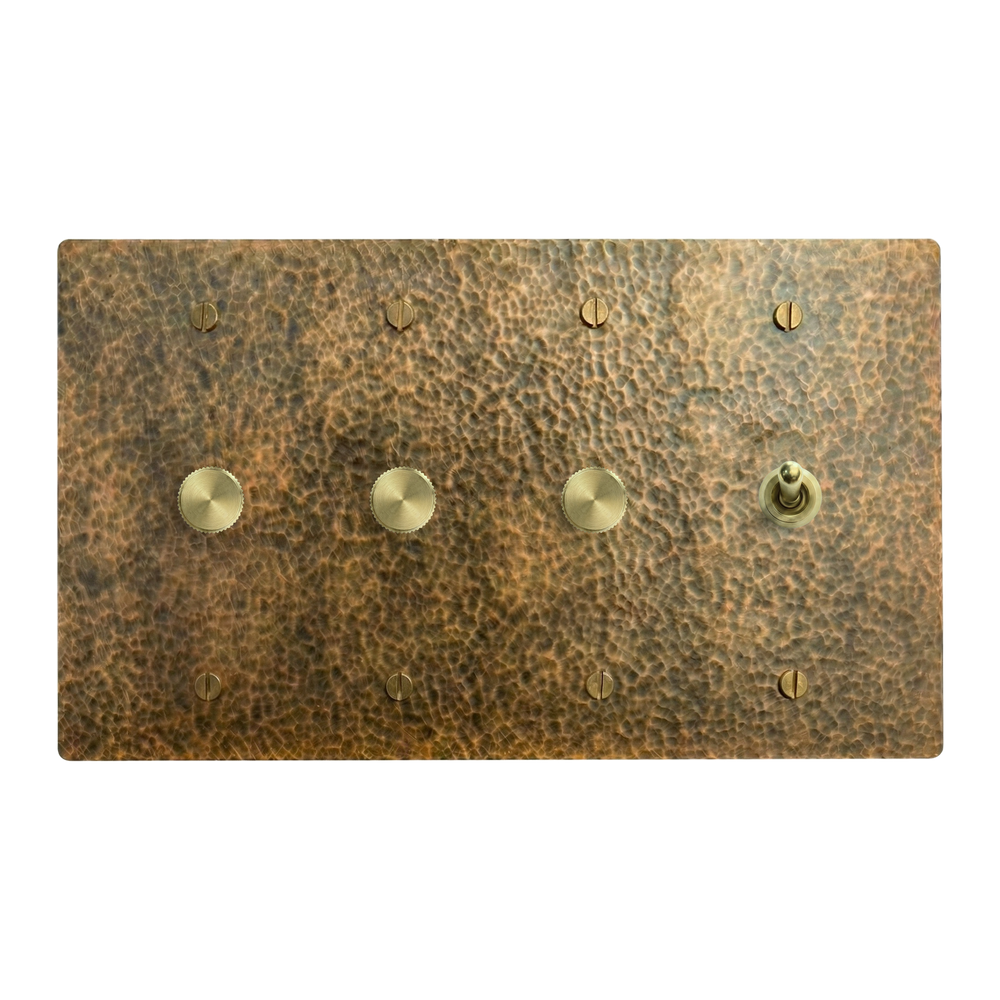 Hammered Brass 4-Gang Dimmer, Dimmer, Dimmer & Vintage Toggle Switch Plate