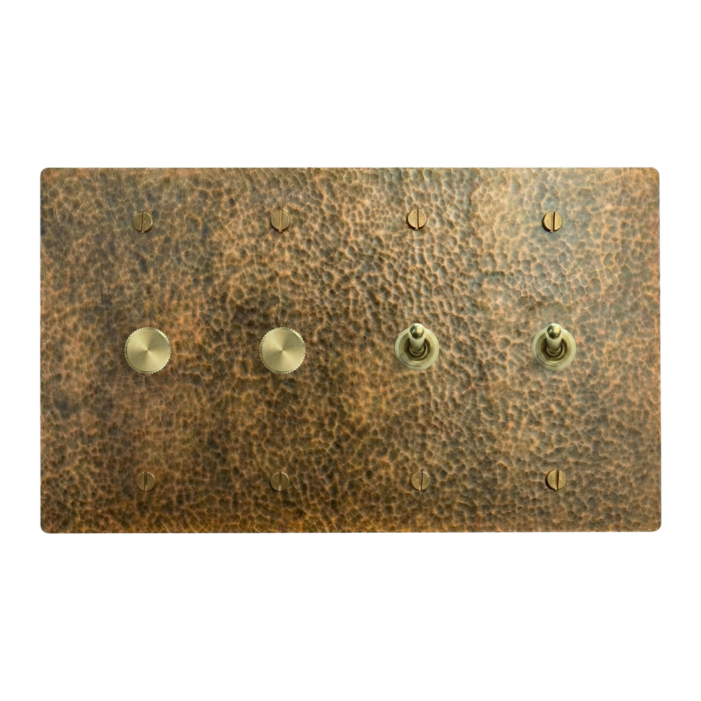 Hammered Brass 4-Gang Dimmer, Dimmer, Vintage Toggle & Vintage Toggle Switch Plate