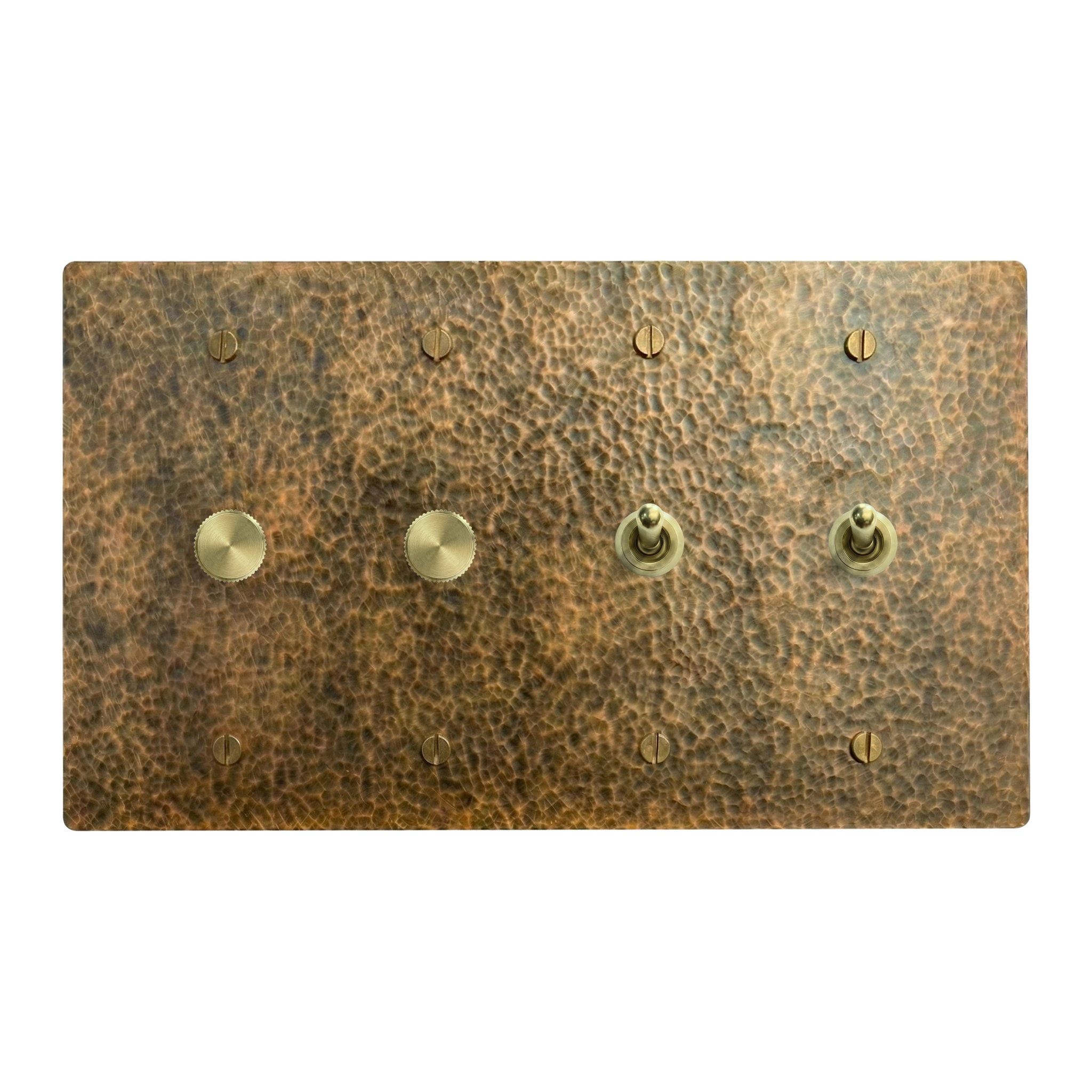 Hammered Brass 4-Gang Dimmer, Dimmer, Vintage Toggle & Vintage Toggle Switch Plate