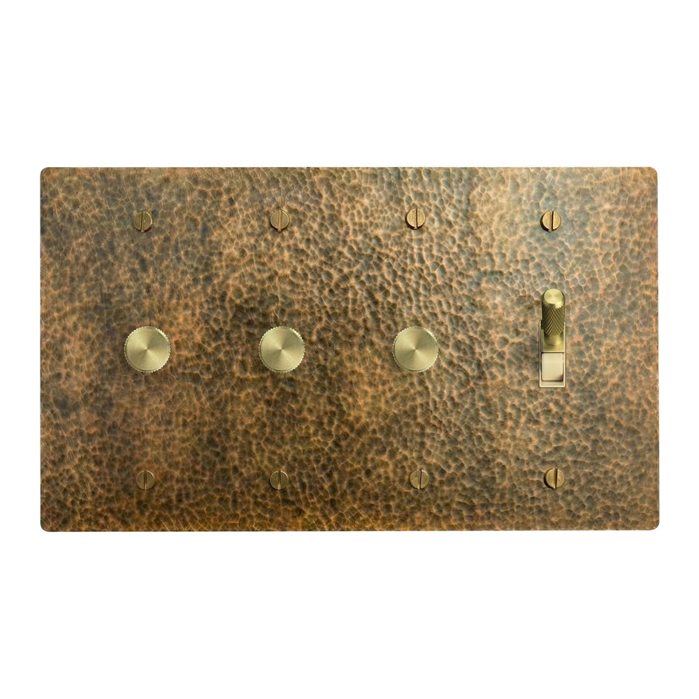 Hammered Brass 4-Gang Dimmer, Dimmer, Dimmer & Toggle Switch Plate in Ivory