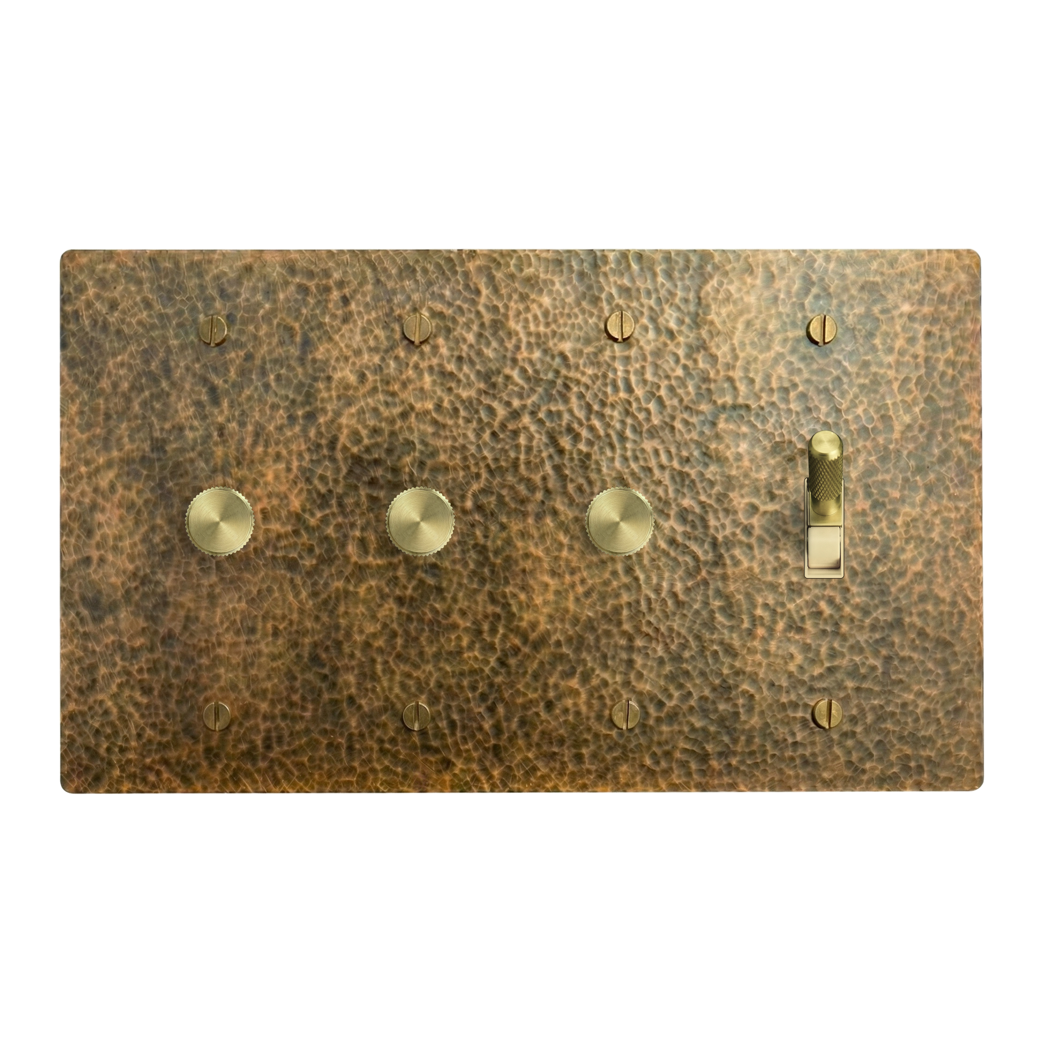 Hammered Brass 4-Gang Dimmer, Dimmer, Dimmer & Toggle Switch Plate in Ivory