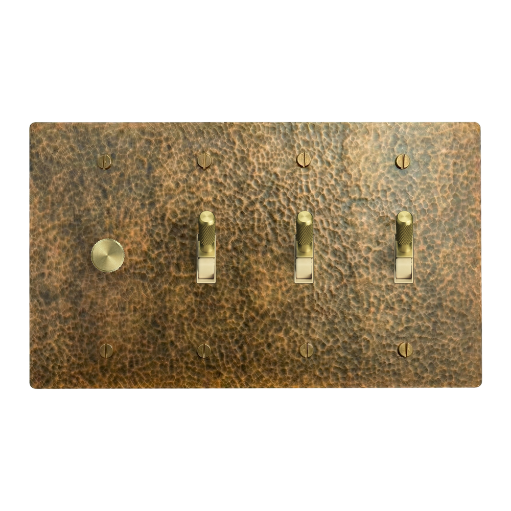 Hammered Brass 4-Gang Dimmer, Toggle, Toggle & Toggle Switch Plate in Ivory