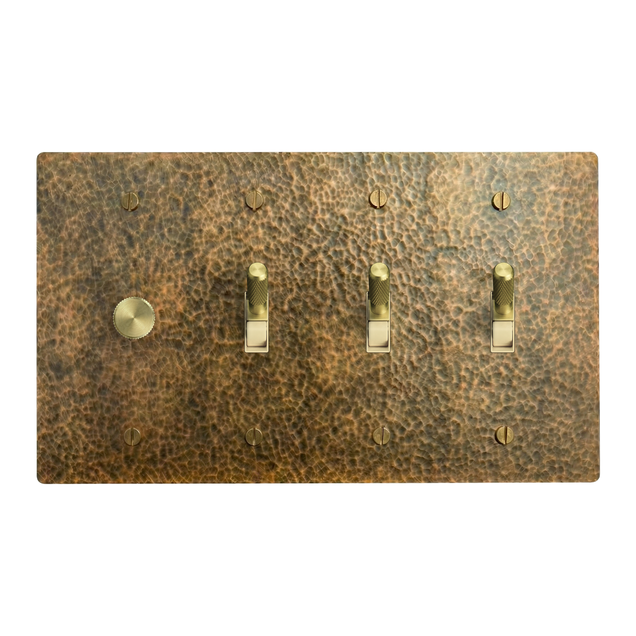 Hammered Brass 4-Gang Dimmer, Toggle, Toggle & Toggle Switch Plate in Ivory
