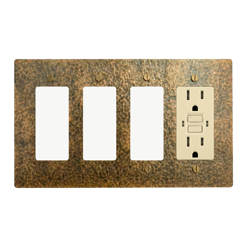 Hammered Brass 4-Gang Decora, Decora, Decora & GFCI Outlet Switch Plate in Ivory