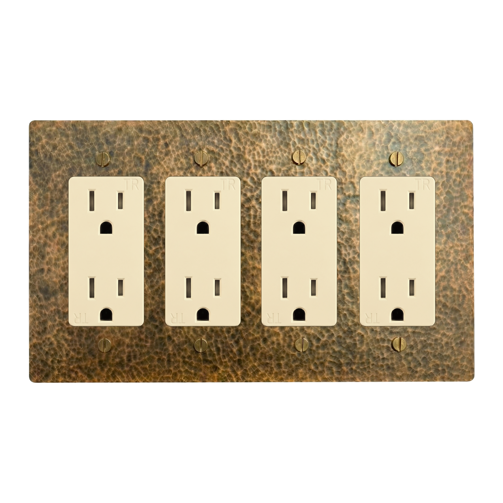 Hammered Brass 4-Gang Duplex Outlet, Duplex Outlet, Duplex Outlet & Duplex Outlet Switch Plate in Ivory