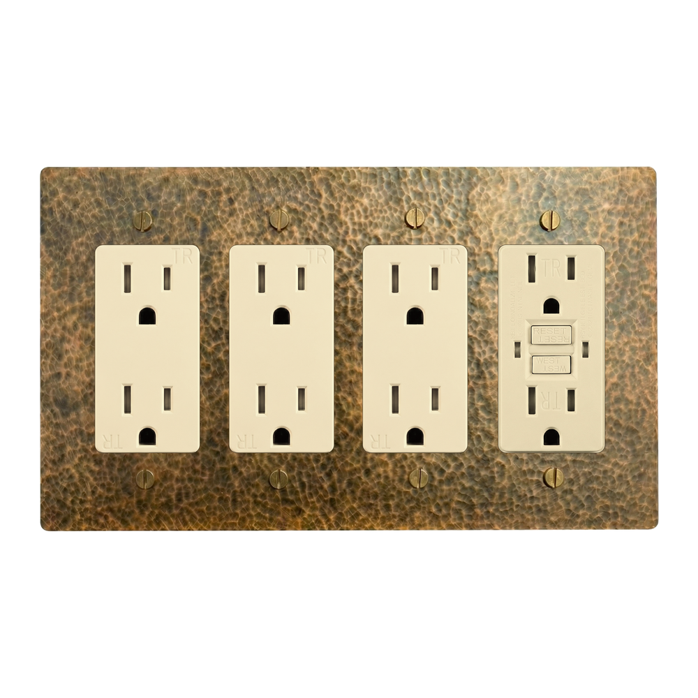 Hammered Brass 4-Gang Duplex Outlet, Duplex Outlet, Duplex Outlet & GFCI Outlet Switch Plate in Ivory