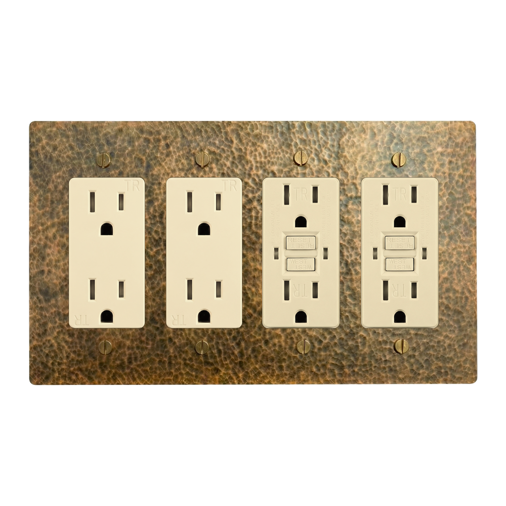 Hammered Brass 4-Gang Duplex Outlet, Duplex Outlet, GFCI Outlet & GFCI Outlet Switch Plate in Ivory