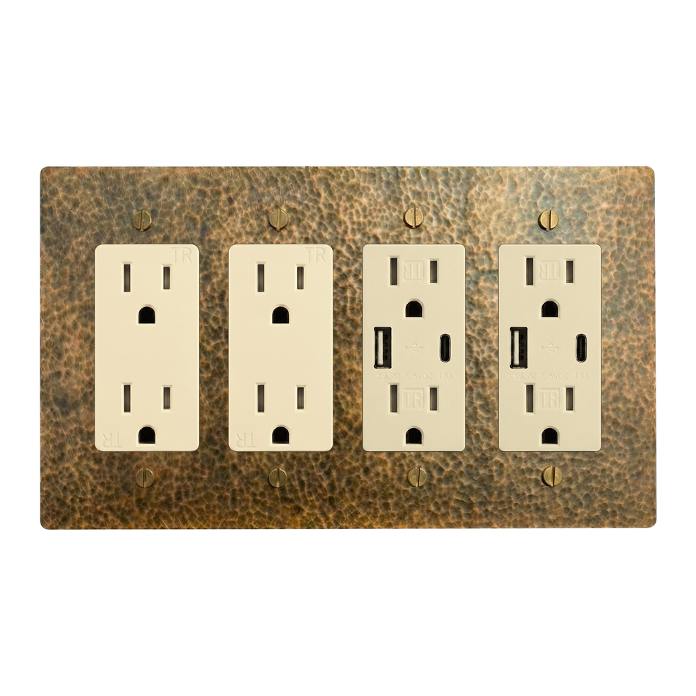 Hammered Brass 4-Gang Duplex Outlet, Duplex Outlet, USB Outlet & USB Outlet Switch Plate in Ivory