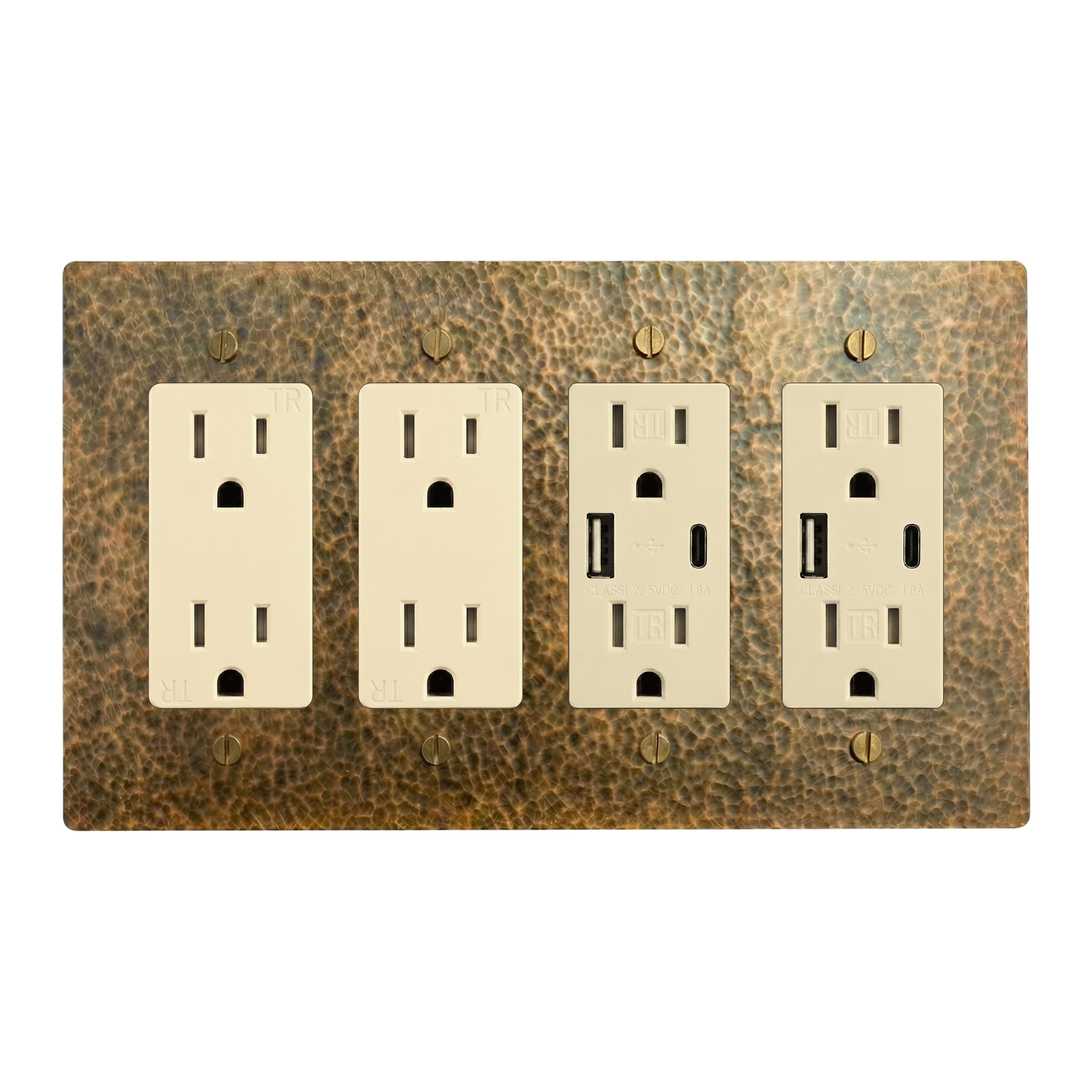Hammered Brass 4-Gang Duplex Outlet, Duplex Outlet, USB Outlet & USB Outlet Switch Plate in Ivory