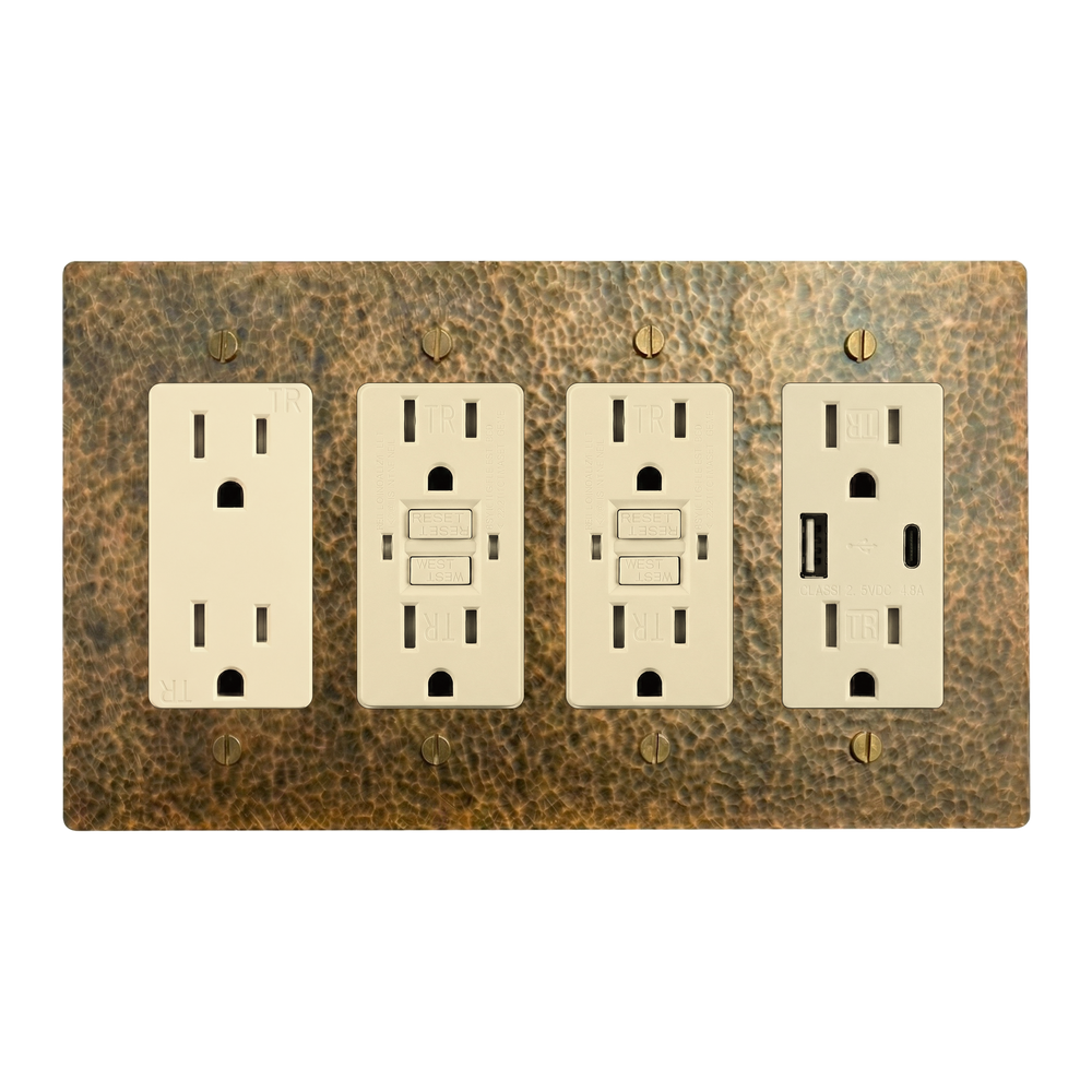 Hammered Brass 4-Gang Duplex Outlet, GFCI Outlet, GFCI Outlet & USB Outlet Switch Plate in Ivory