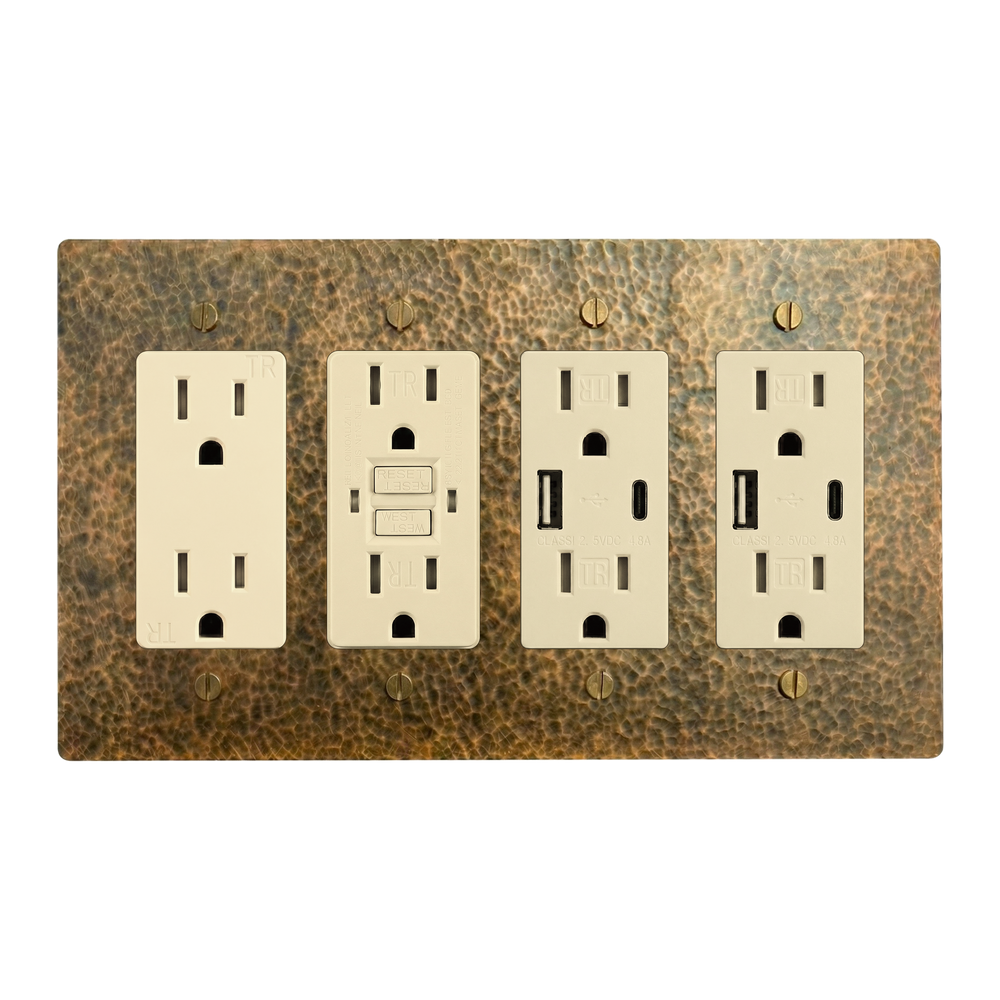 Hammered Brass 4-Gang Duplex Outlet, GFCI Outlet, USB Outlet & USB Outlet Switch Plate in Ivory