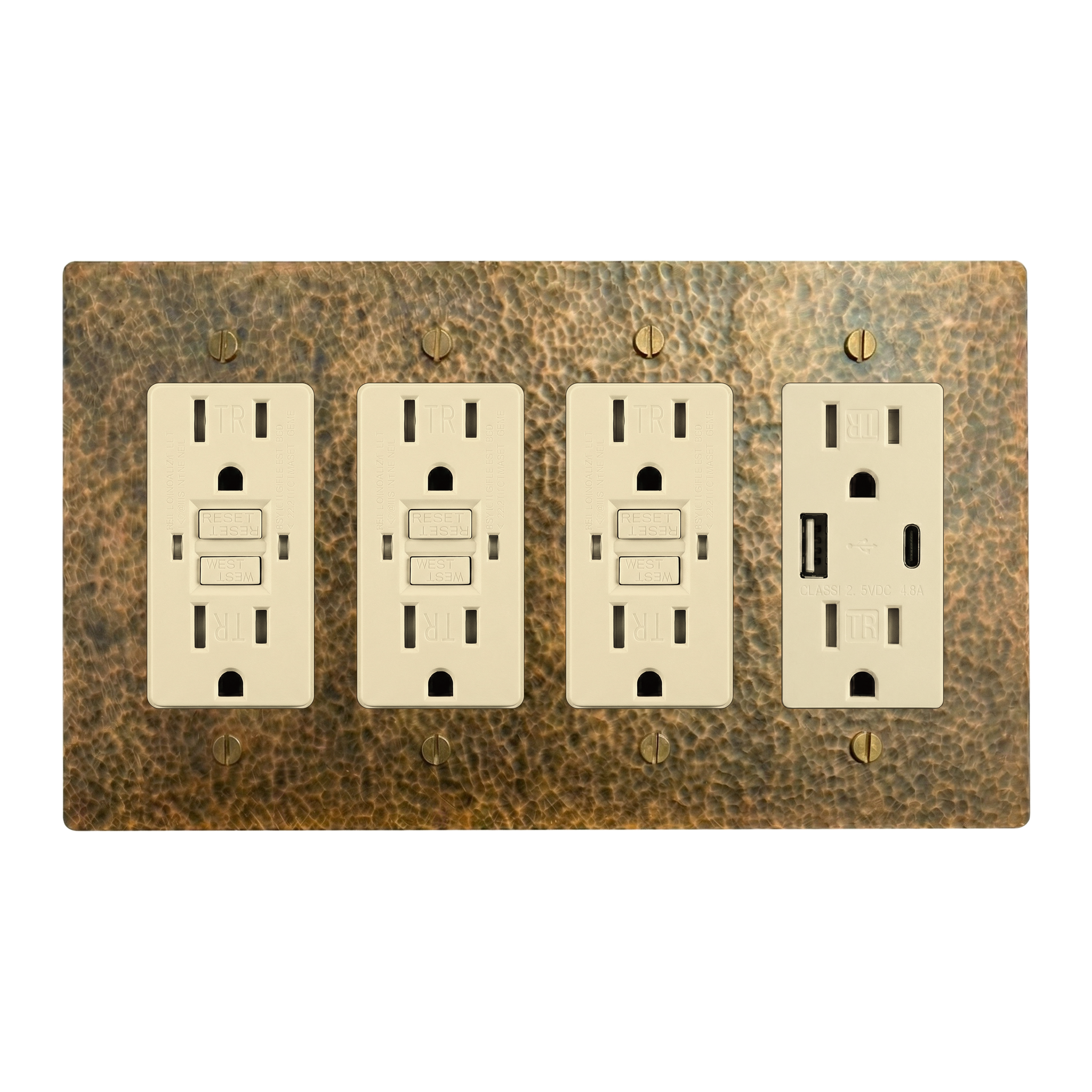 Hammered Brass 4-Gang GFCI Outlet, GFCI Outlet, GFCI Outlet & USB Outlet Switch Plate in Ivory