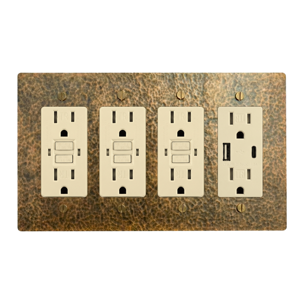 Hammered Brass 4-Gang GFCI Outlet, GFCI Outlet, GFCI Outlet & USB Outlet Switch Plate in Ivory