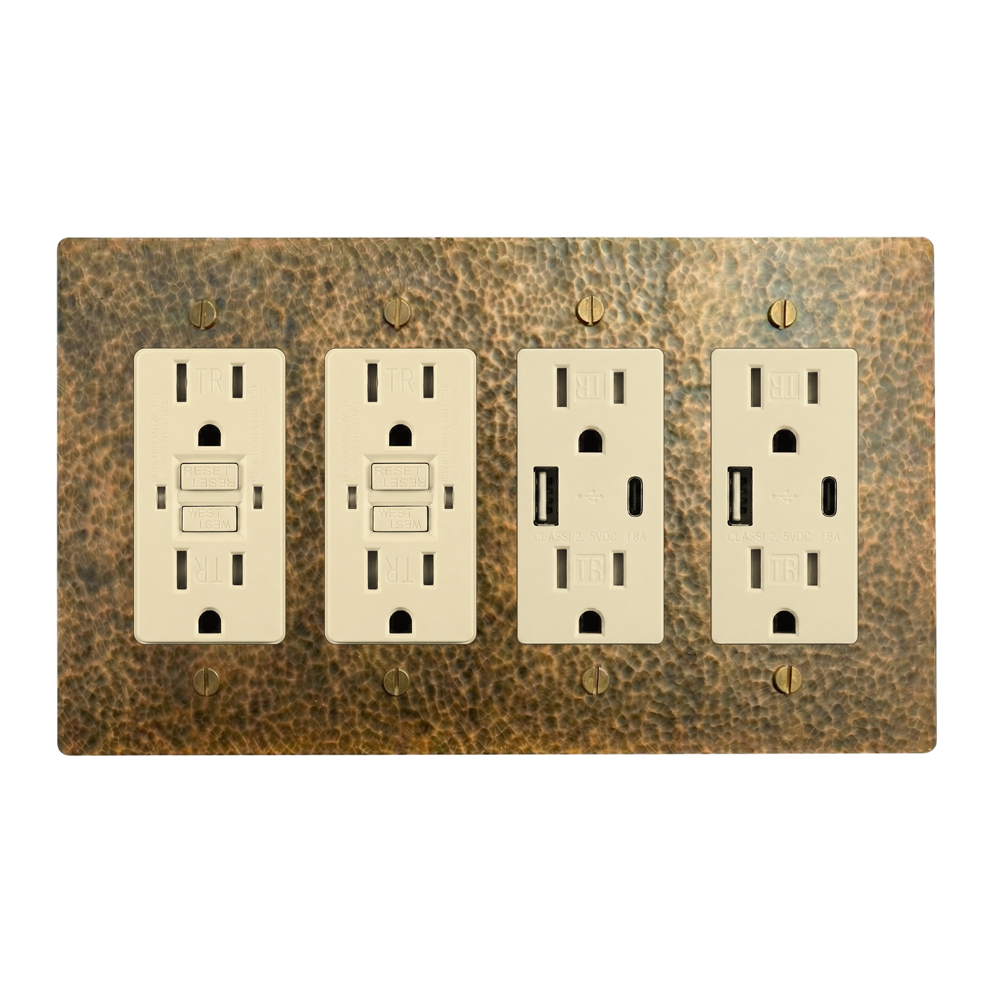 Hammered Brass 4-Gang GFCI Outlet, GFCI Outlet, USB Outlet & USB Outlet Switch Plate in Ivory