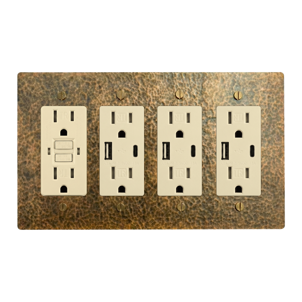 Hammered Brass 4-Gang GFCI Outlet, USB Outlet, USB Outlet & USB Outlet Switch Plate in Ivory