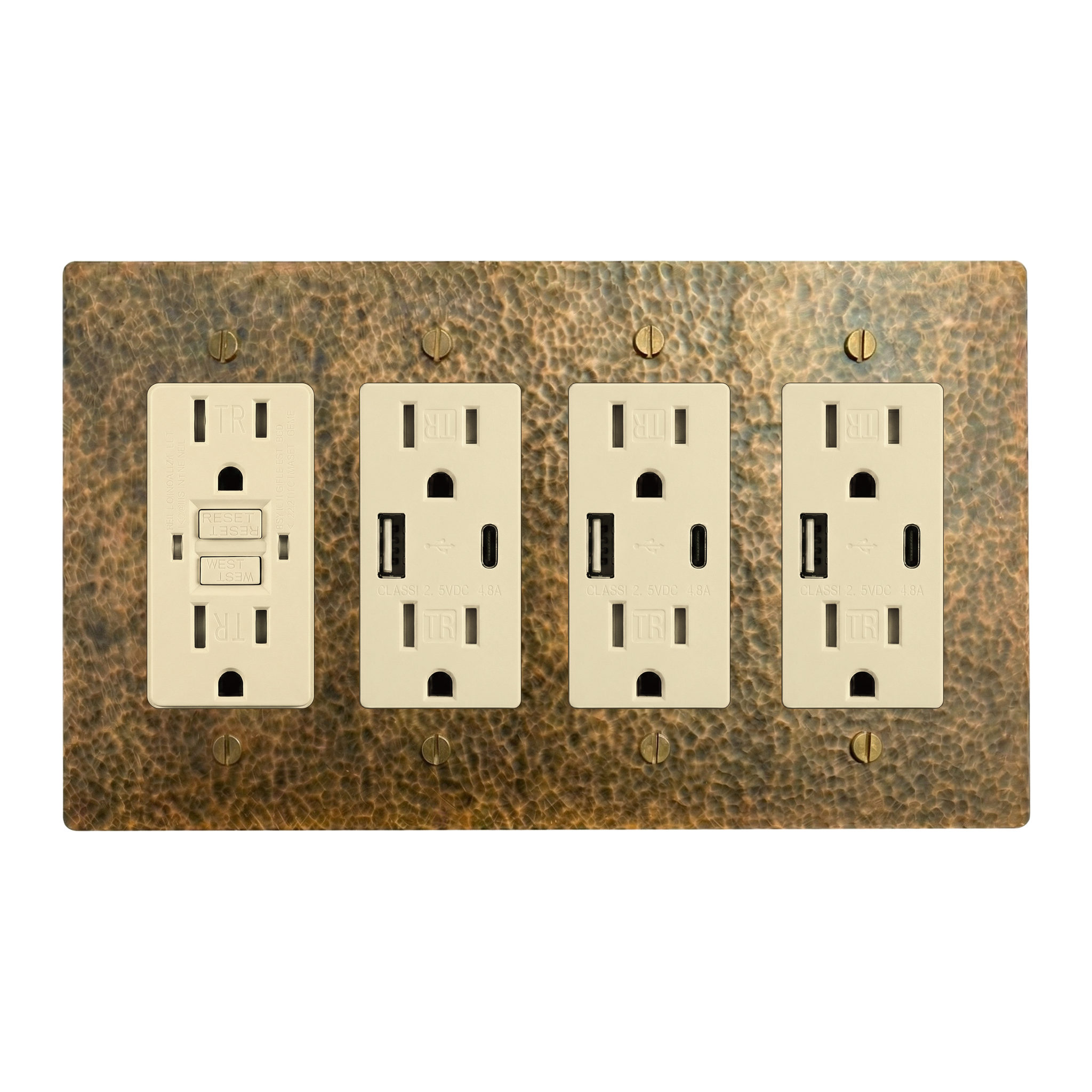 Hammered Brass 4-Gang GFCI Outlet, USB Outlet, USB Outlet & USB Outlet Switch Plate in Ivory