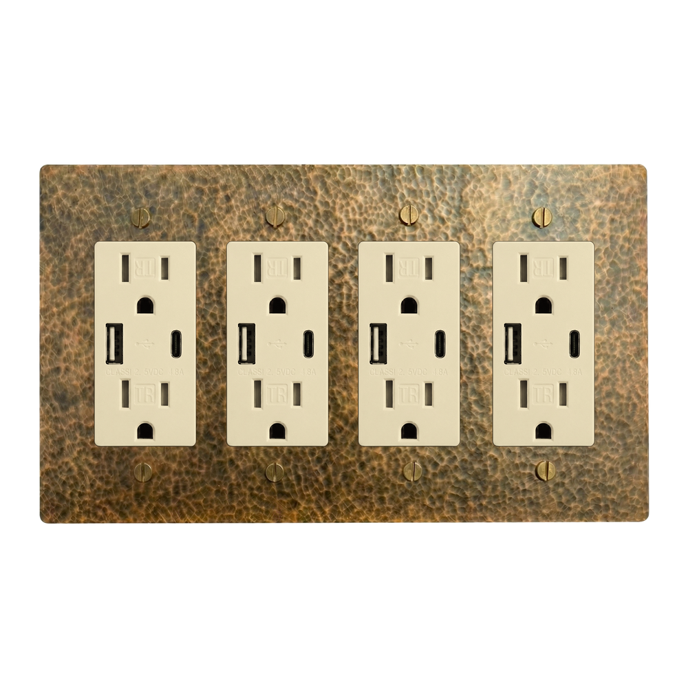 Hammered Brass 4-Gang USB Outlet, USB Outlet, USB Outlet & USB Outlet Switch Plate in Ivory
