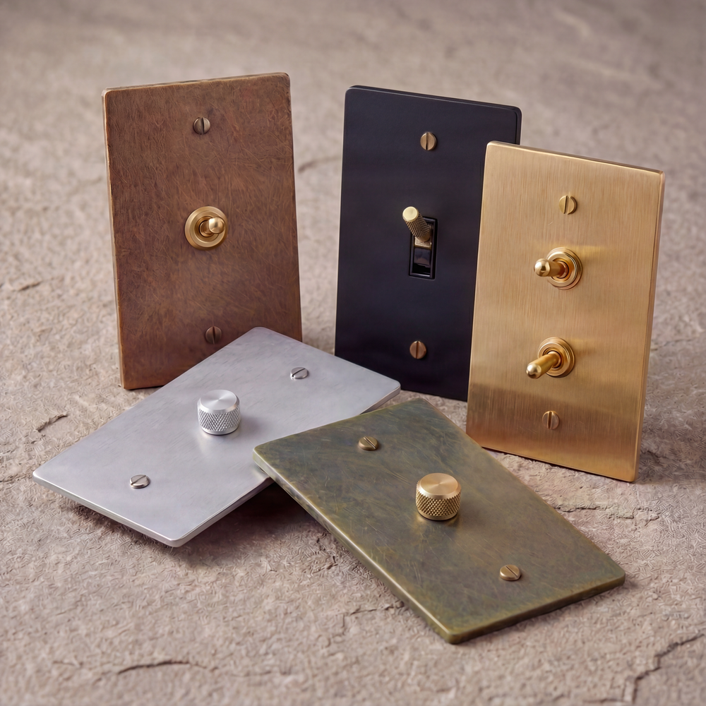 Heirloom quality light switches in brass, bronze, black, and nickel.