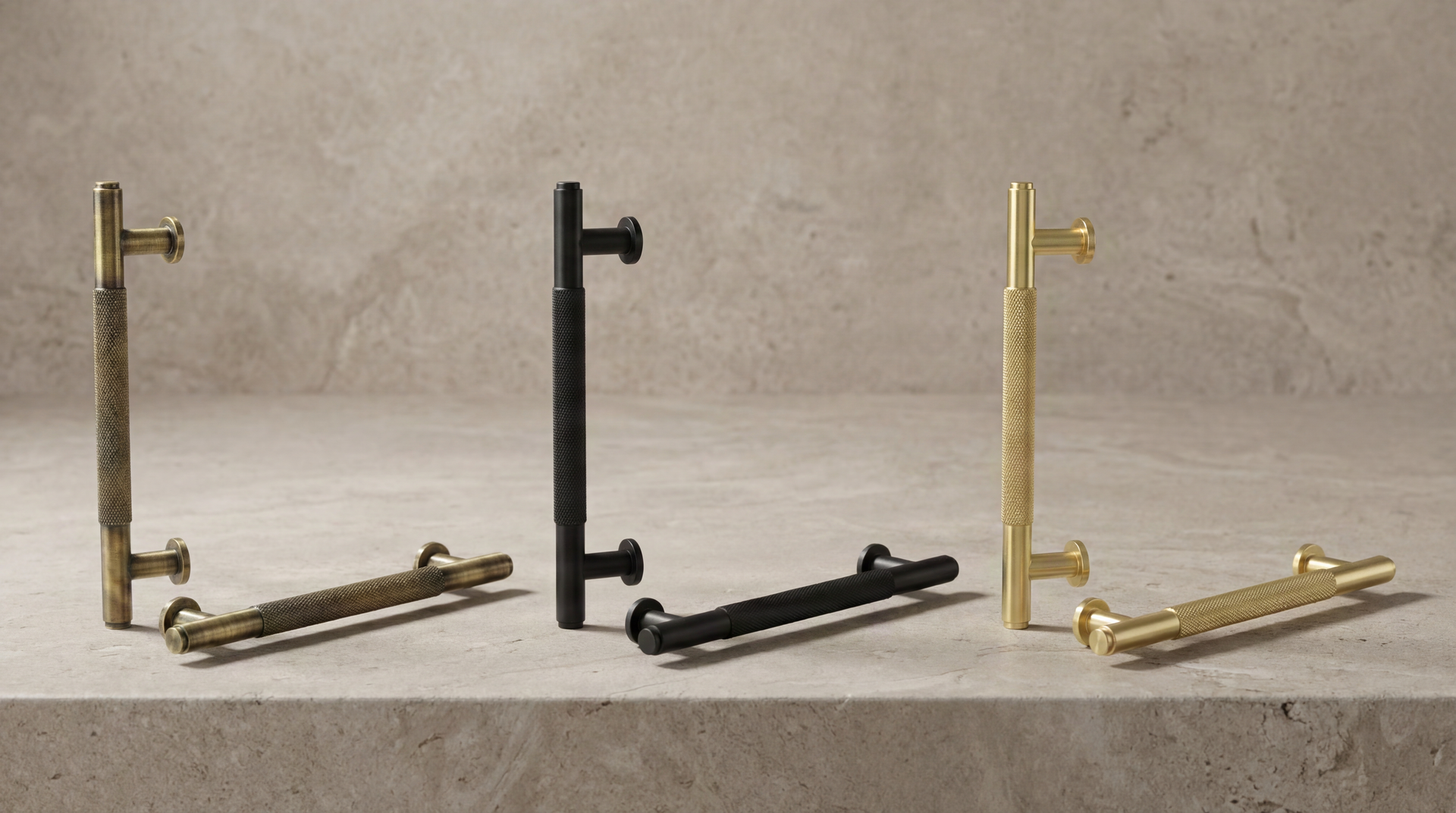 Long Door Pulls (Forte) in aged brass, matte black, satin brass. Knurled, solid brass designs on stone; enduring craftsmanship.