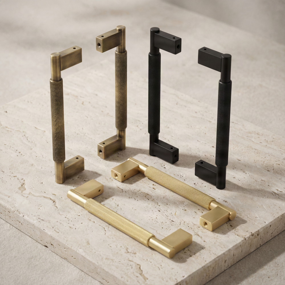 Long knurled door pulls: aged brass, matte black, satin brass