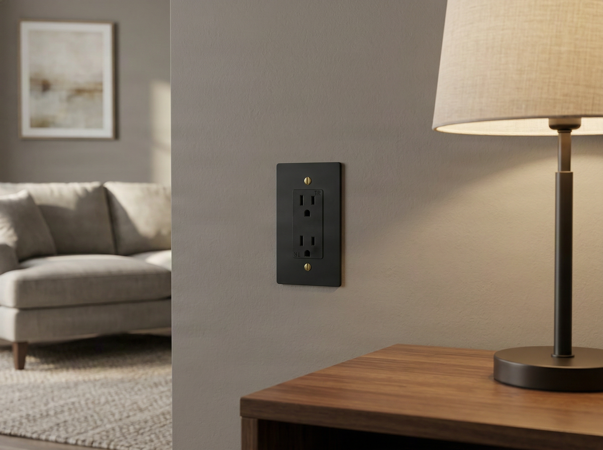 matte black (antique brass accents) 1 gang decora switch plate adding timeless elegance to a muted, luxurious room with a lamp and sofa.