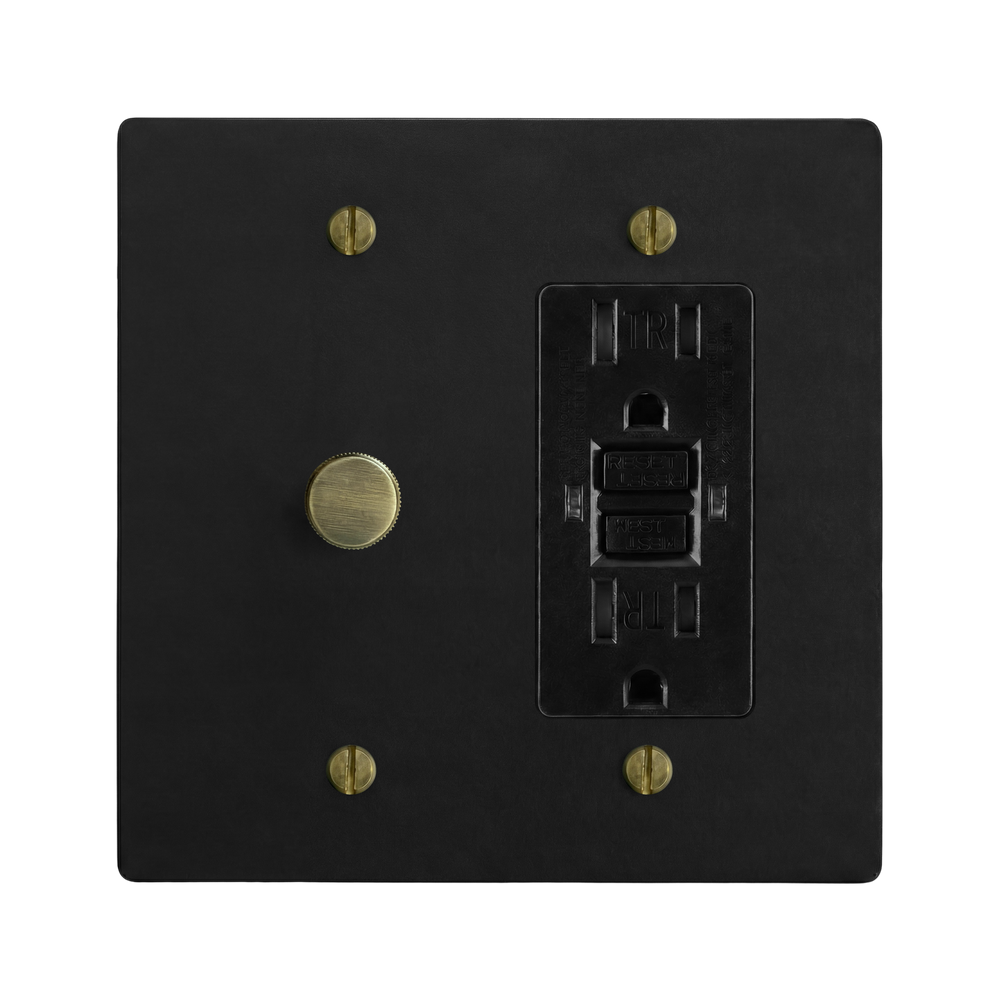 Matte Black (Antique Brass Accents) 2-Gang Dimmer & GFCI Outlet Switch Plate in Black