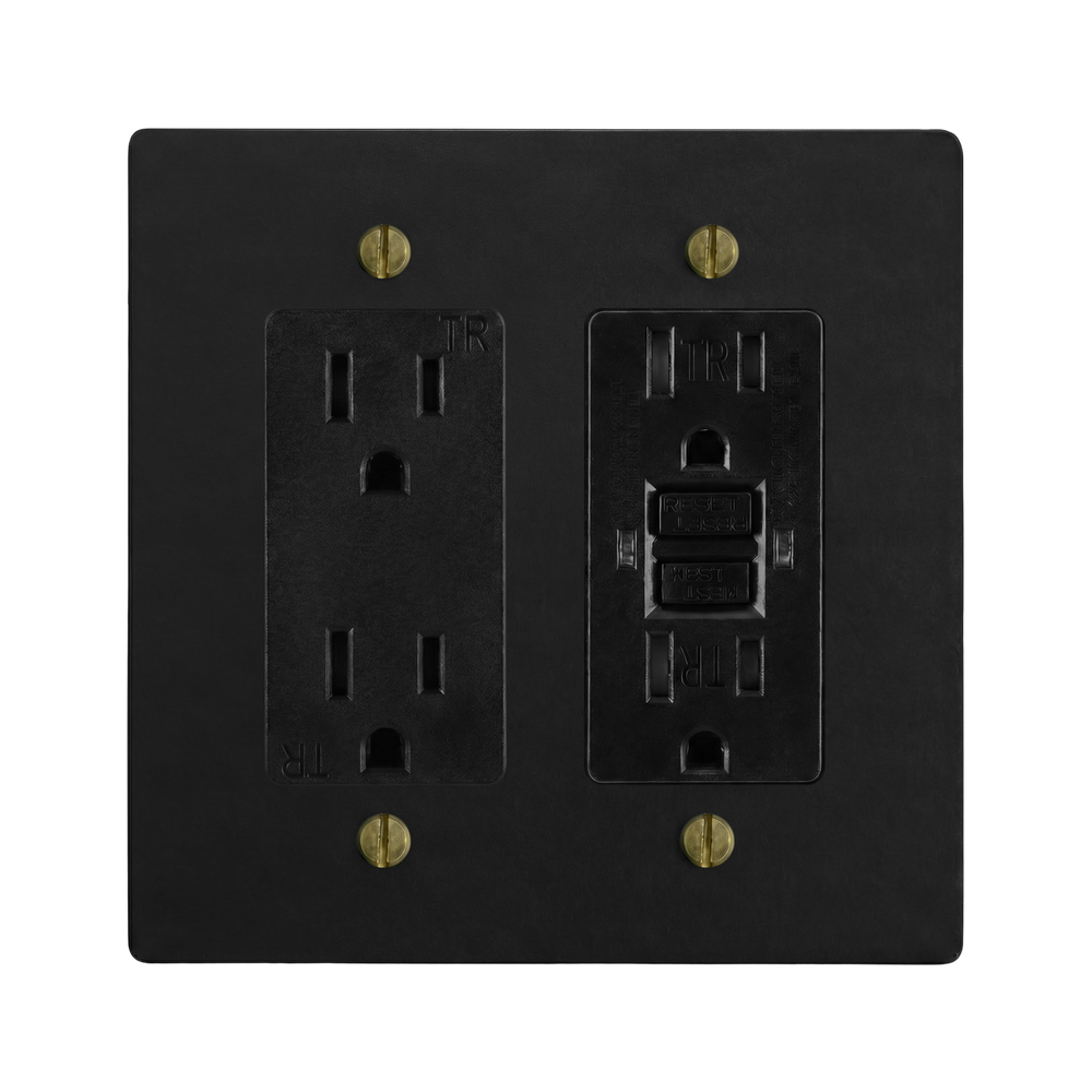 Matte Black (Antique Brass Accents) 2-Gang Duplex Outlet & GFCI Outlet Switch Plate in Black
