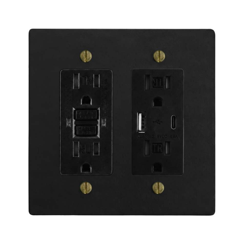 Matte Black (Antique Brass Accents) 2-Gang GFCI Outlet & USB Outlet Switch Plate in Black