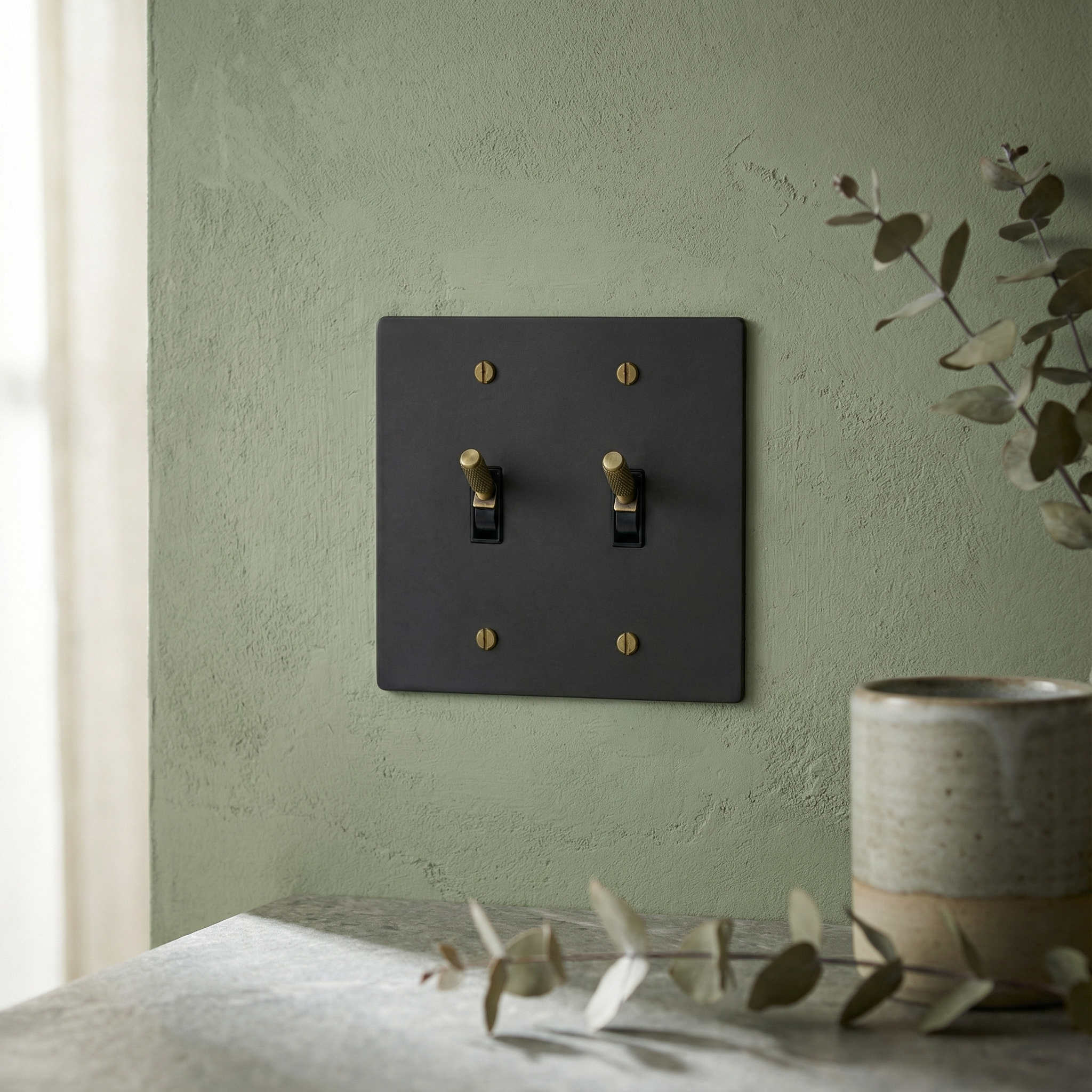 Matte black (antique brass accents) 2 gang toggle switch plate on a textured sage wall, exuding quiet luxury.