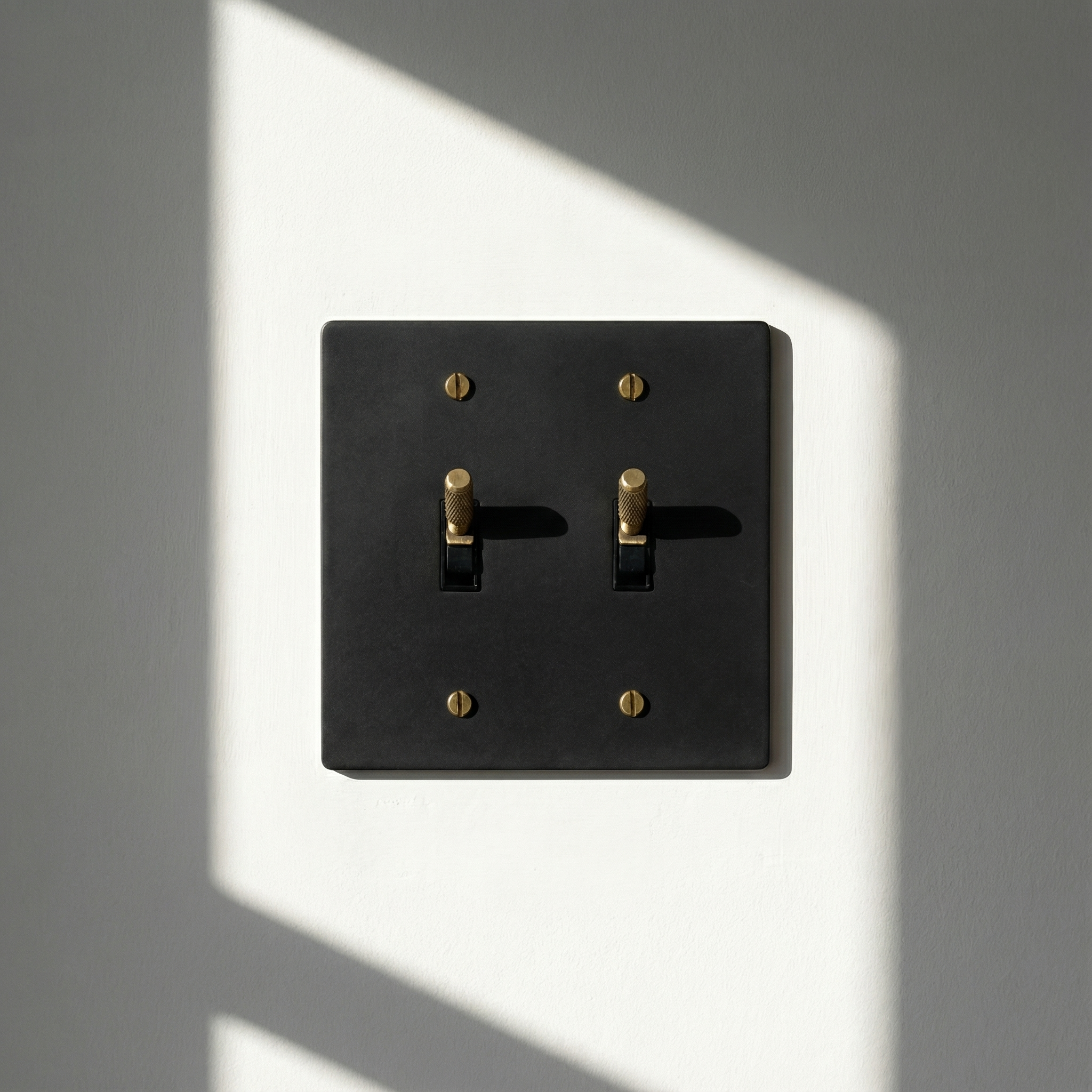 matte black (antique brass accents) 2 gang toggle switch plate on a sunlit white wall, embodying quiet luxury.