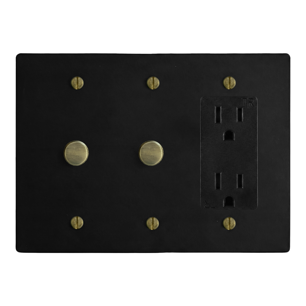 Matte Black (Antique Brass Accents) 3-Gang Dimmer, Dimmer & Duplex Outlet Switch Plate in Black