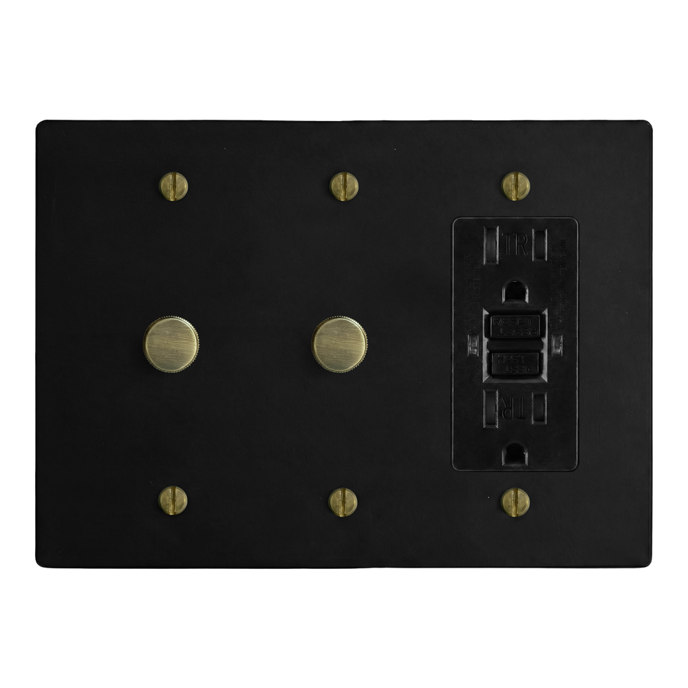 Matte Black (Antique Brass Accents) 3-Gang Dimmer, Dimmer & GFCI Outlet Switch Plate in Black