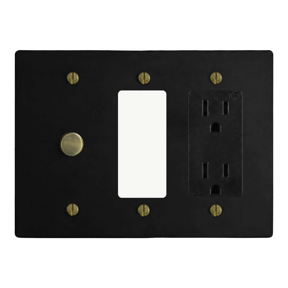 Matte Black (Antique Brass Accents) 3-Gang Dimmer, Decora & Duplex Outlet Switch Plate in Black