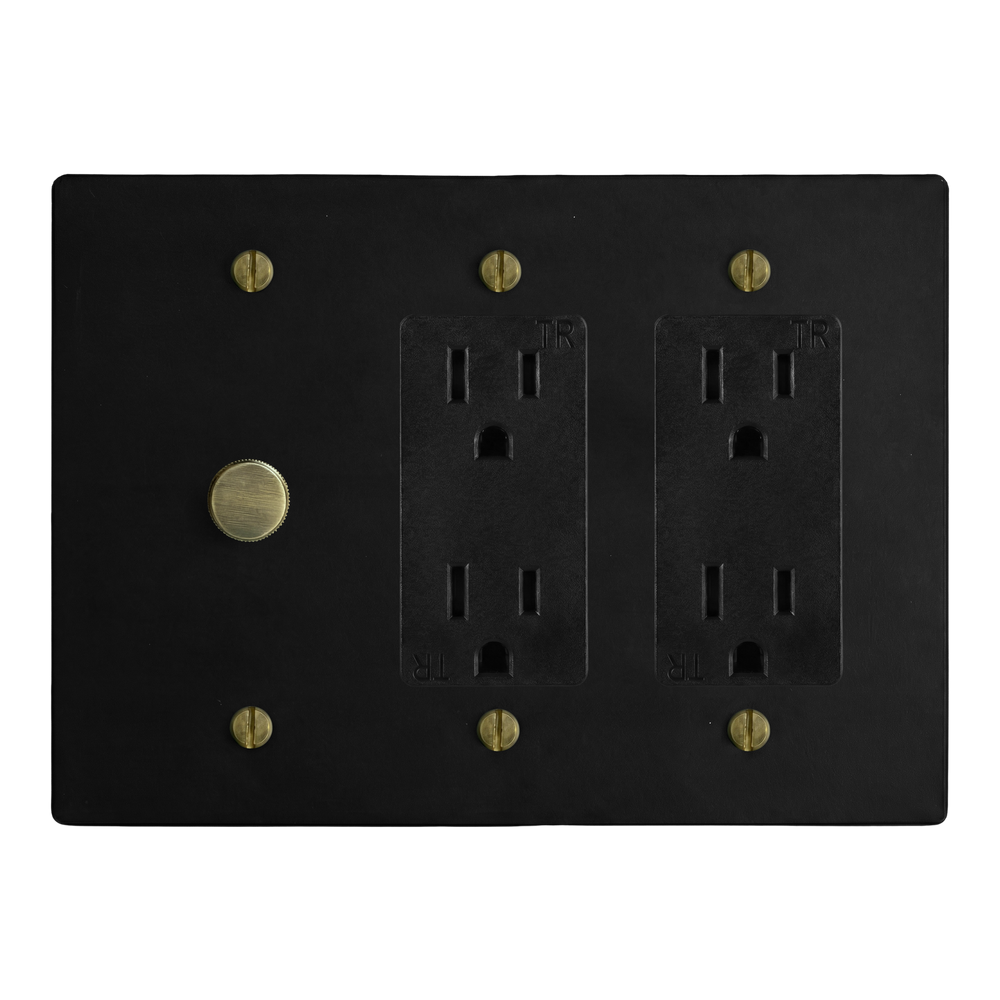 Matte Black (Antique Brass Accents) 3-Gang Dimmer, Duplex Outlet & Duplex Outlet Switch Plate in Black