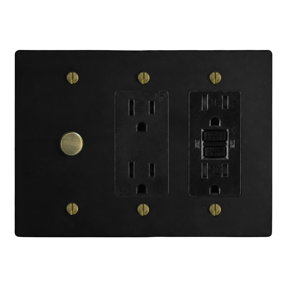 Matte Black (Antique Brass Accents) 3-Gang Dimmer, Duplex Outlet & GFCI Outlet Switch Plate in Black