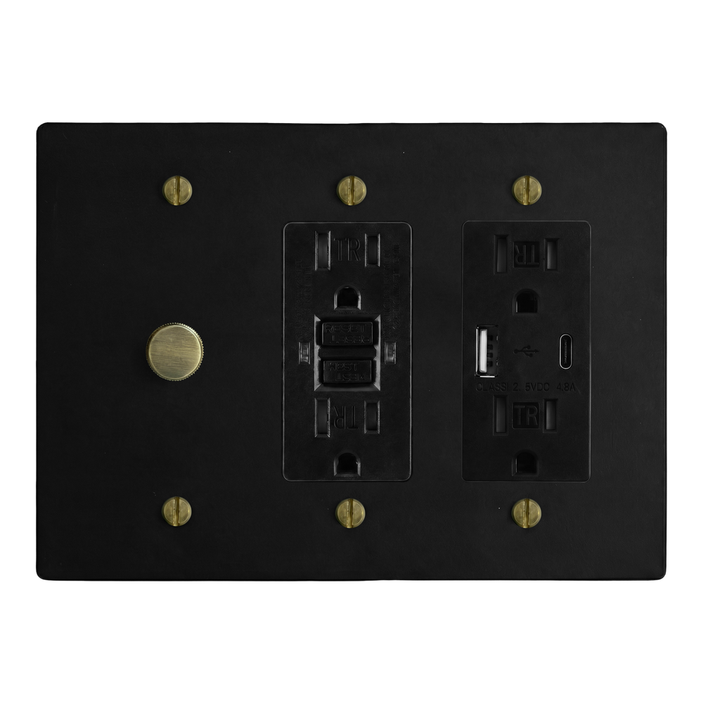 Matte Black (Antique Brass Accents) 3-Gang Dimmer, GFCI Outlet & USB Outlet Switch Plate in Black