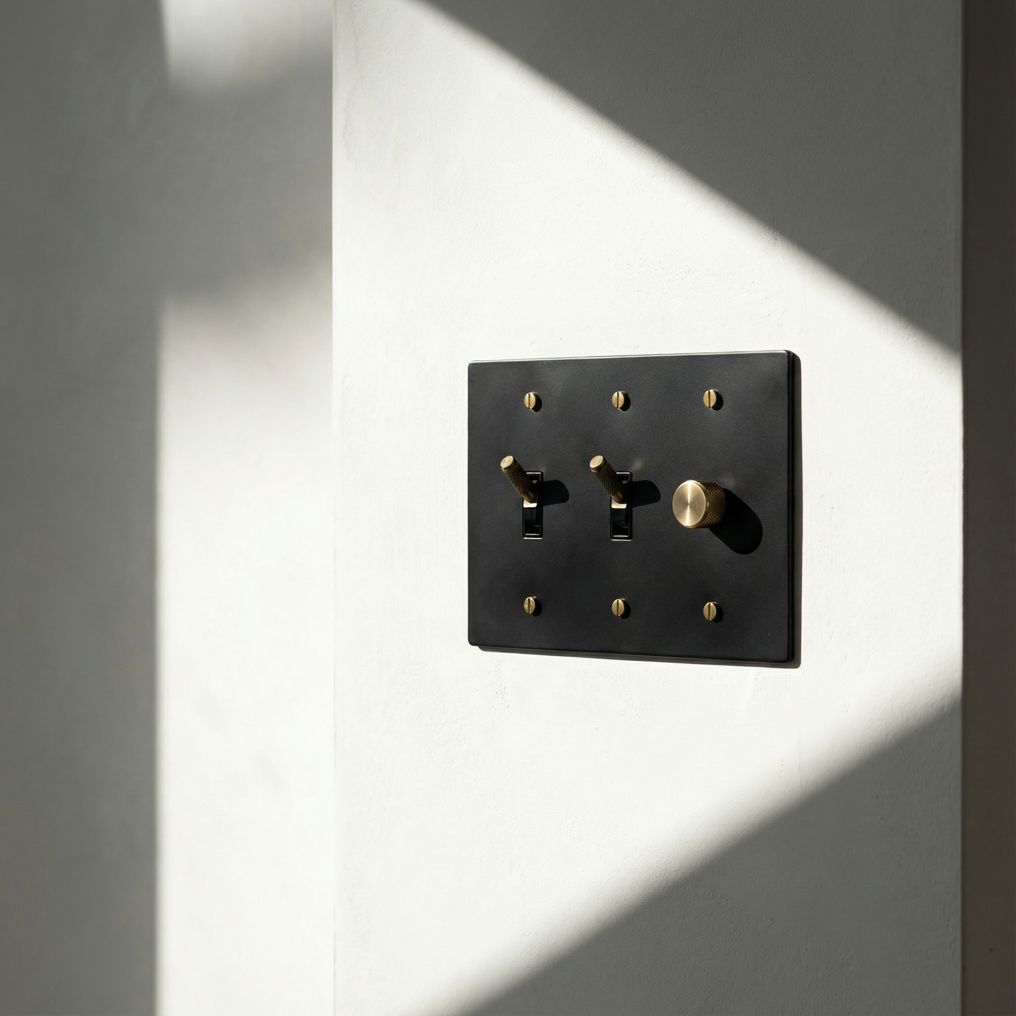 Timeless elegance with a matte black (antique brass accents) 3 gang dimmer and toggle switch plate in a sunlit, minimalist room.