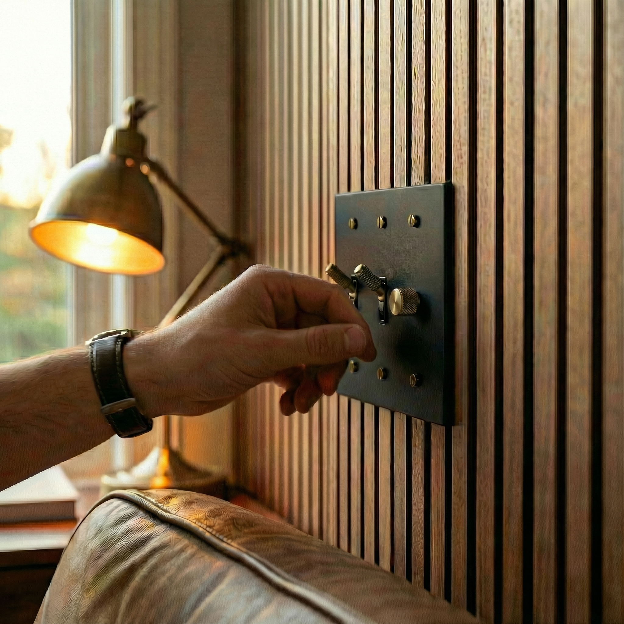 matte black (antique brass accents) 3 gang dimmer and toggle switch plate offers tactile luxury in a timeless, richly textured room.