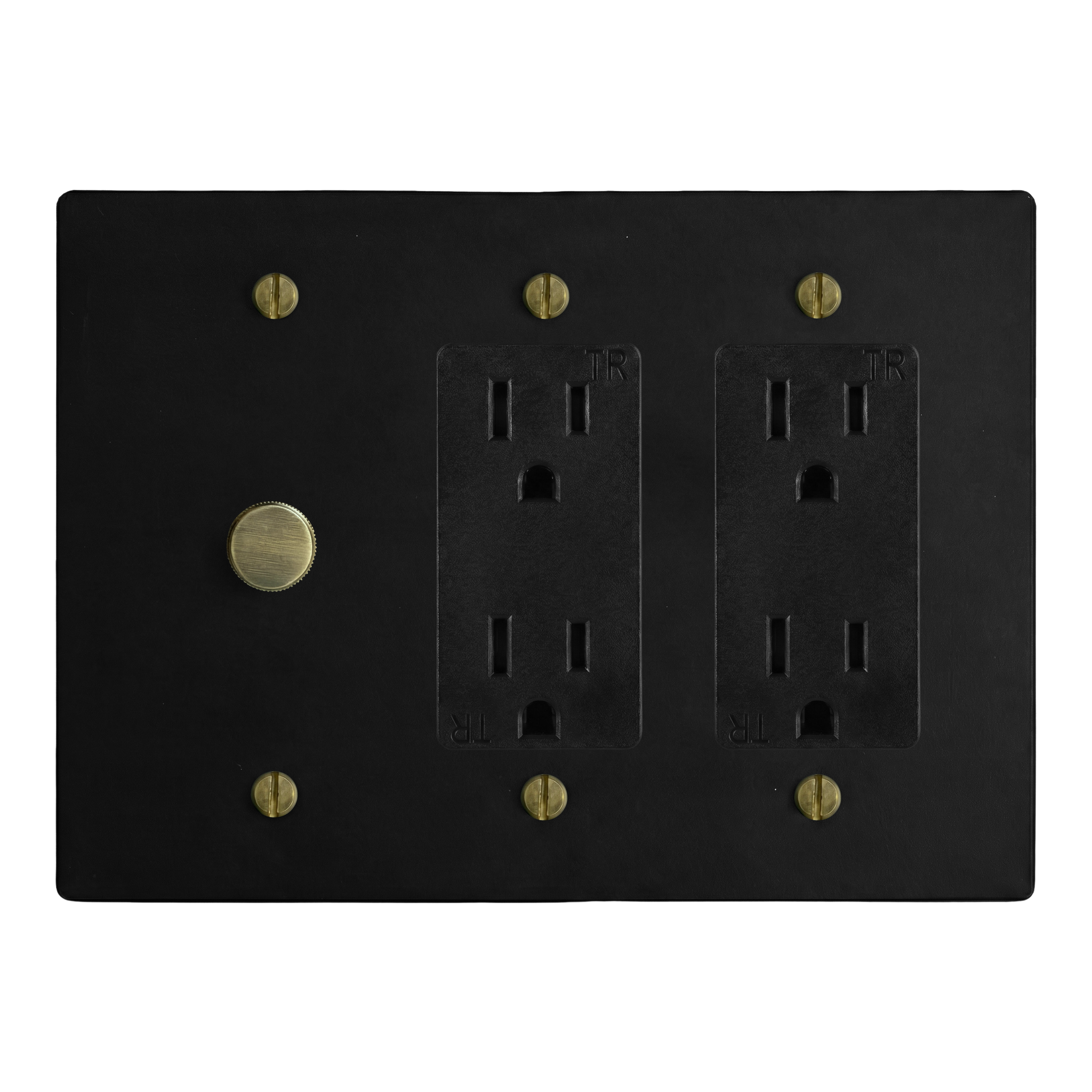 Matte Black (Antique Brass Accents) 3-Gang Dimmer, Duplex Outlet & Duplex Outlet Switch Plate in Black