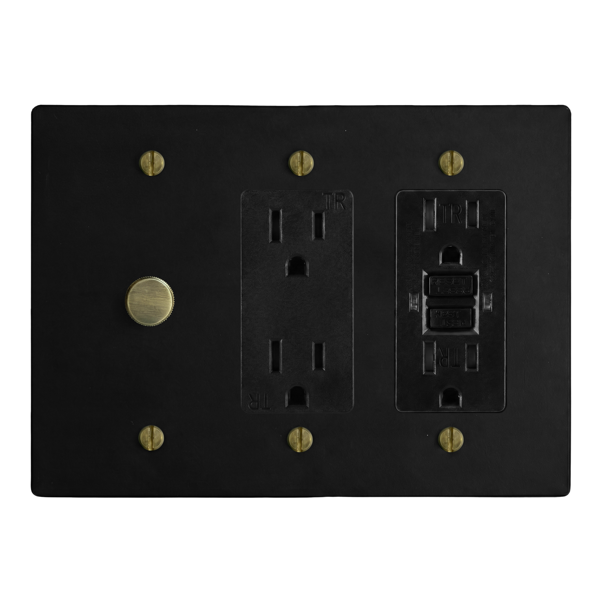 Matte Black (Antique Brass Accents) 3-Gang Dimmer, Duplex Outlet & GFCI Outlet Switch Plate in Black
