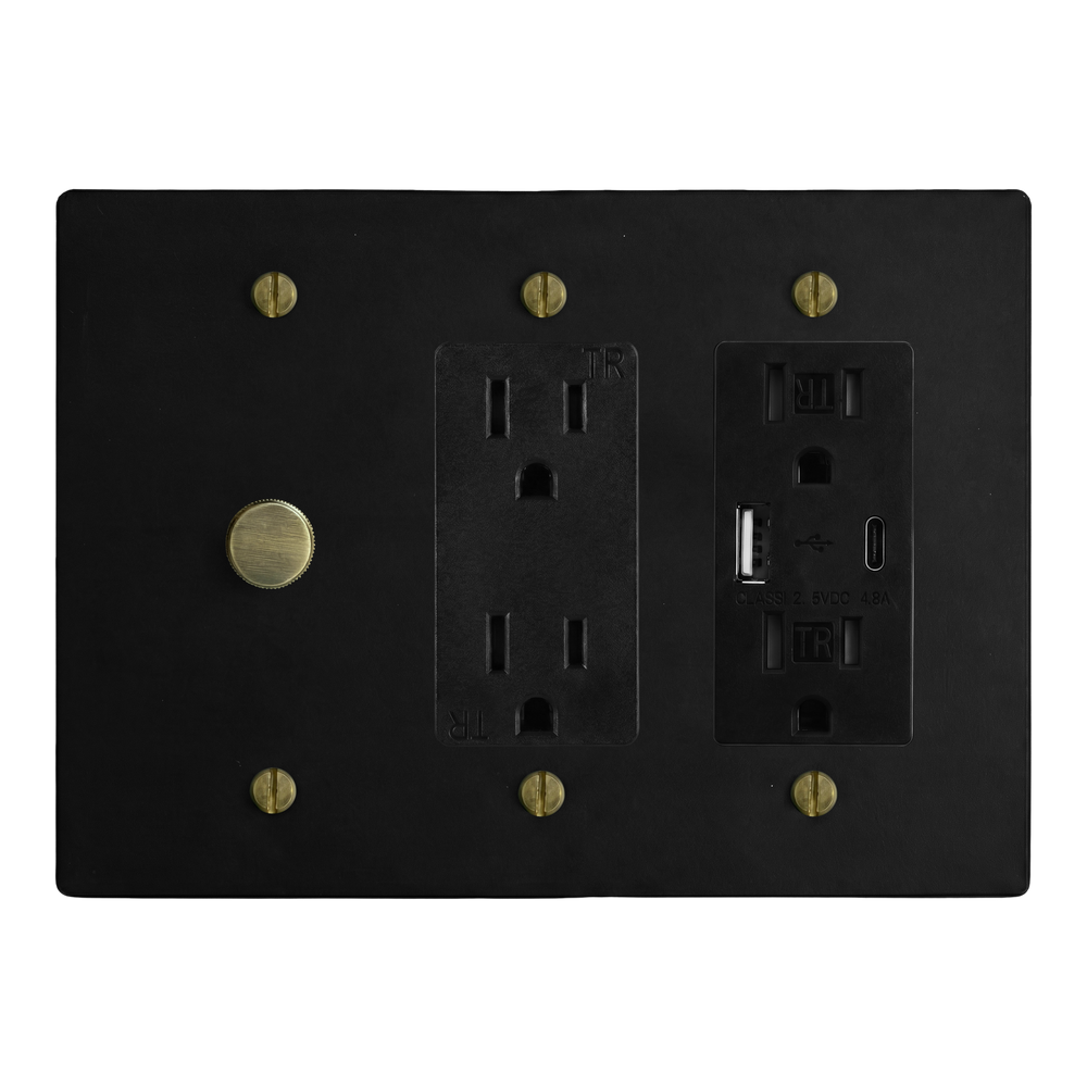 Matte Black (Antique Brass Accents) 3-Gang Dimmer, Duplex Outlet & USB Outlet Switch Plate in Black