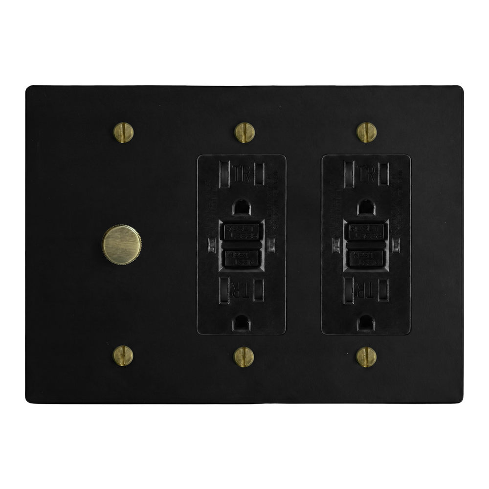 Matte Black (Antique Brass Accents) 3-Gang Dimmer, GFCI Outlet & GFCI Outlet Switch Plate in Black