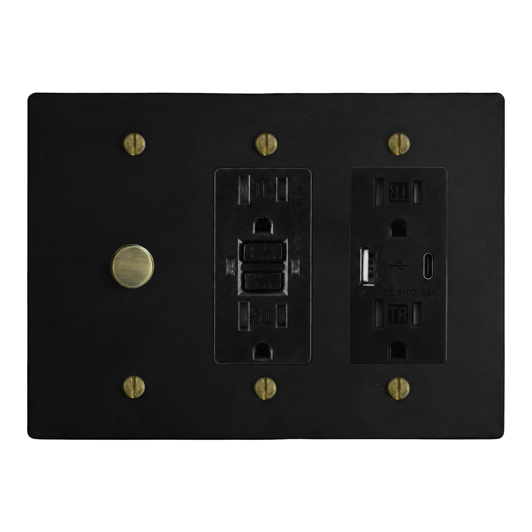Matte Black (Antique Brass Accents) 3-Gang Dimmer, GFCI Outlet & USB Outlet Switch Plate in Black