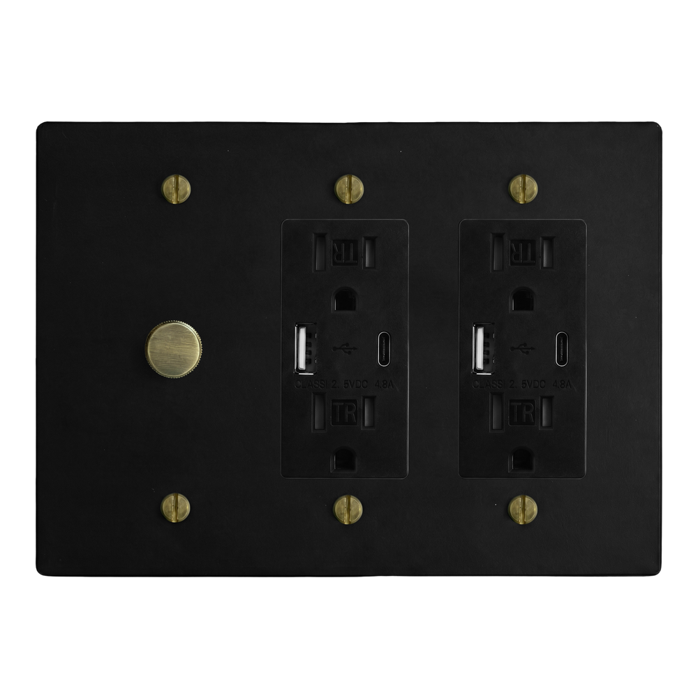 Matte Black (Antique Brass Accents) 3-Gang Dimmer, USB Outlet & USB Outlet Switch Plate in Black