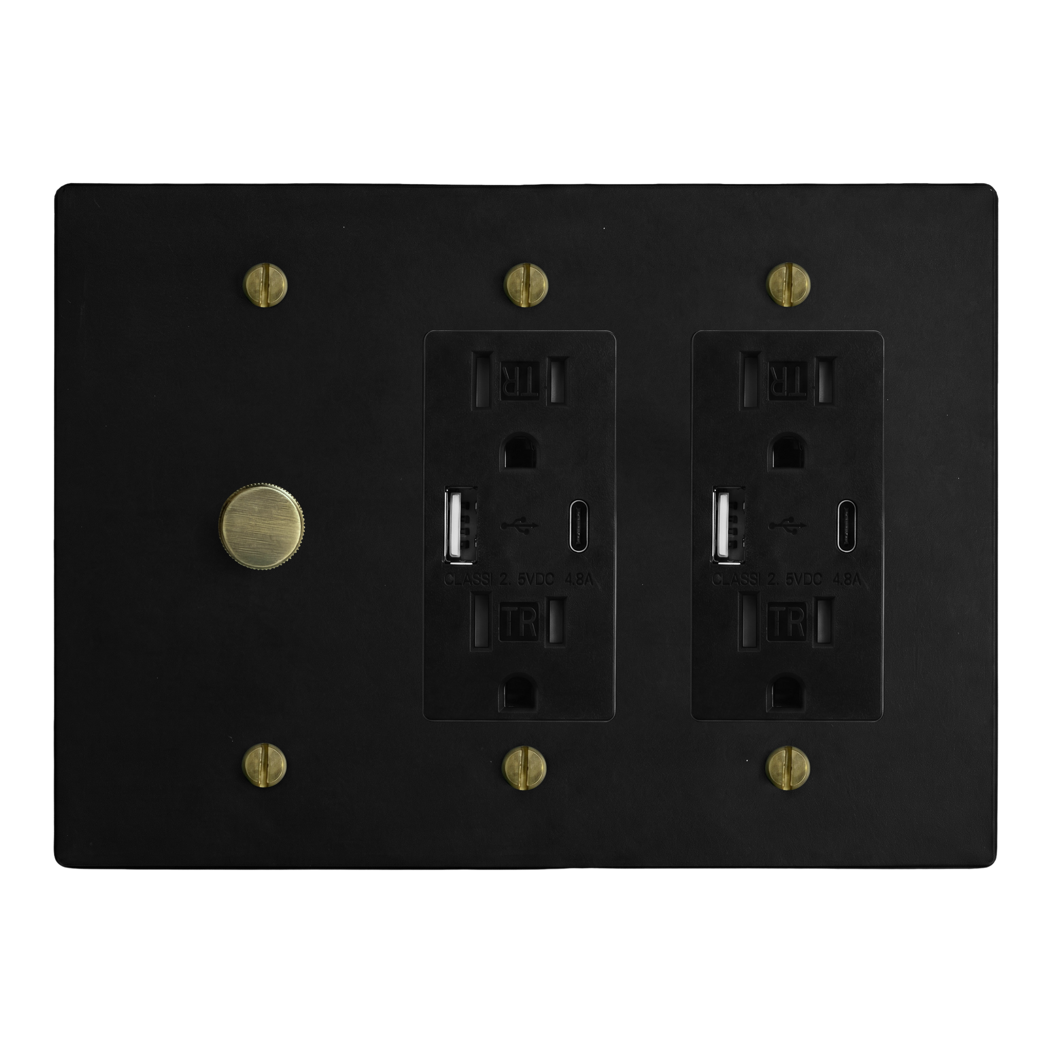 Matte Black (Antique Brass Accents) 3-Gang Dimmer, USB Outlet & USB Outlet Switch Plate in Black
