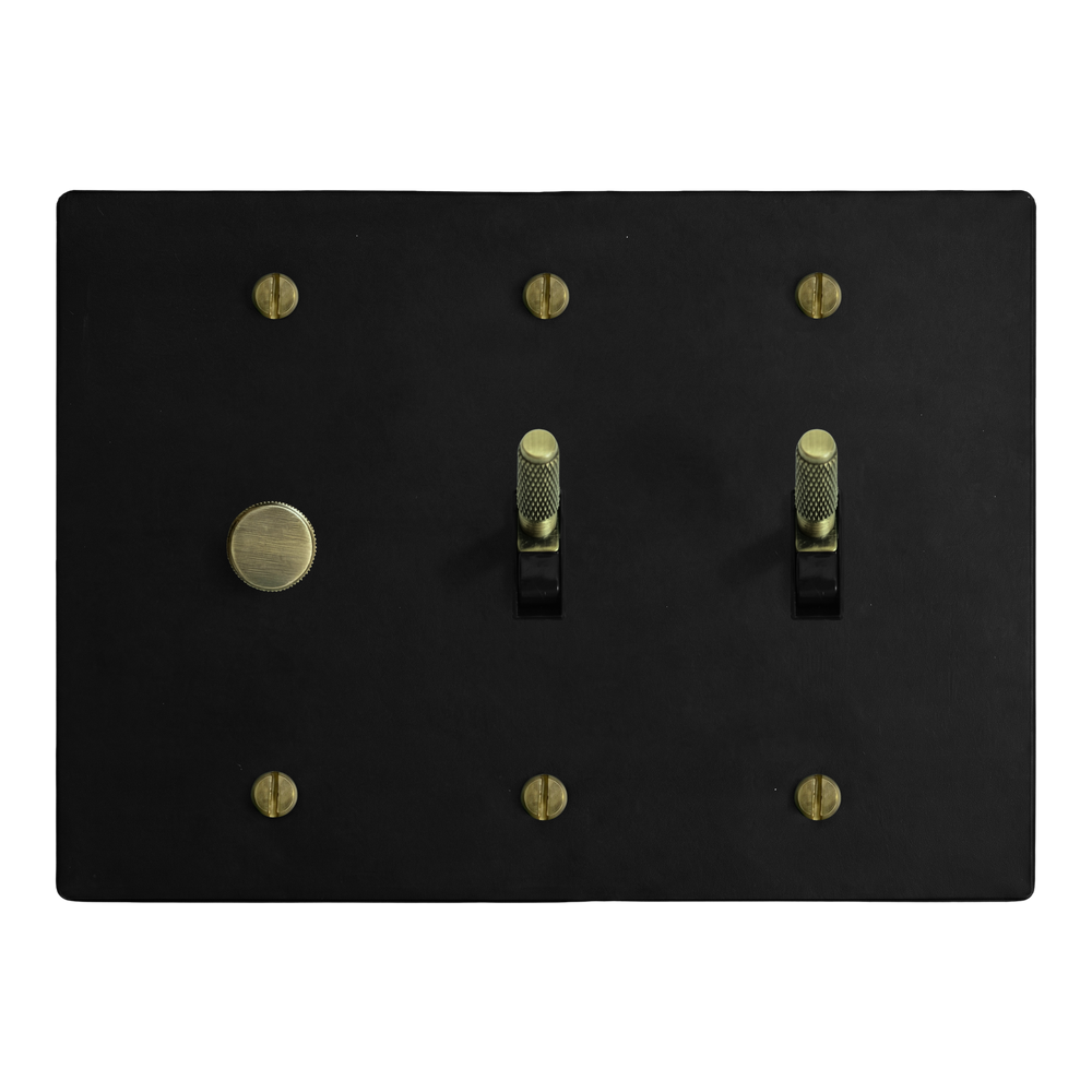 Matte Black (Antique Brass Accents) 3-Gang Dimmer, Toggle & Toggle Switch Plate in Black