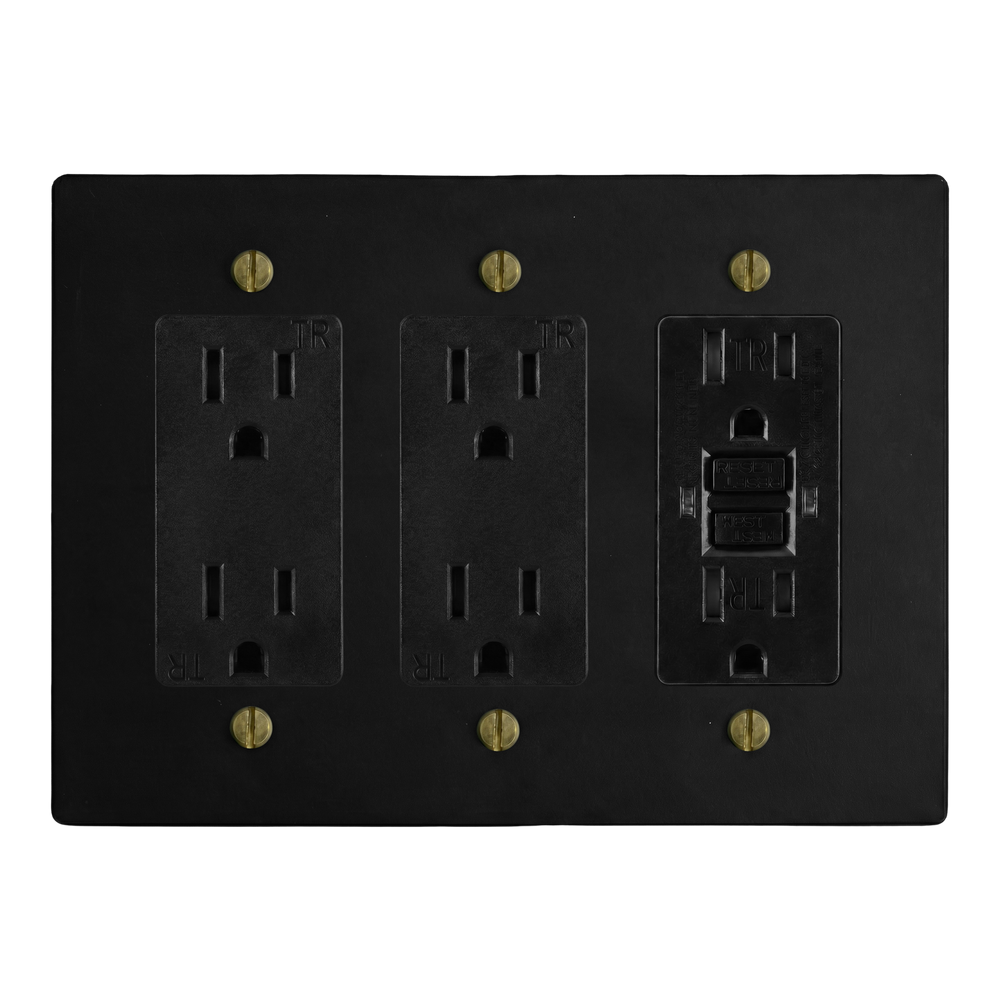 Matte Black (Antique Brass Accents) 3-Gang Duplex Outlet, Duplex Outlet & GFCI Outlet Switch Plate in Black