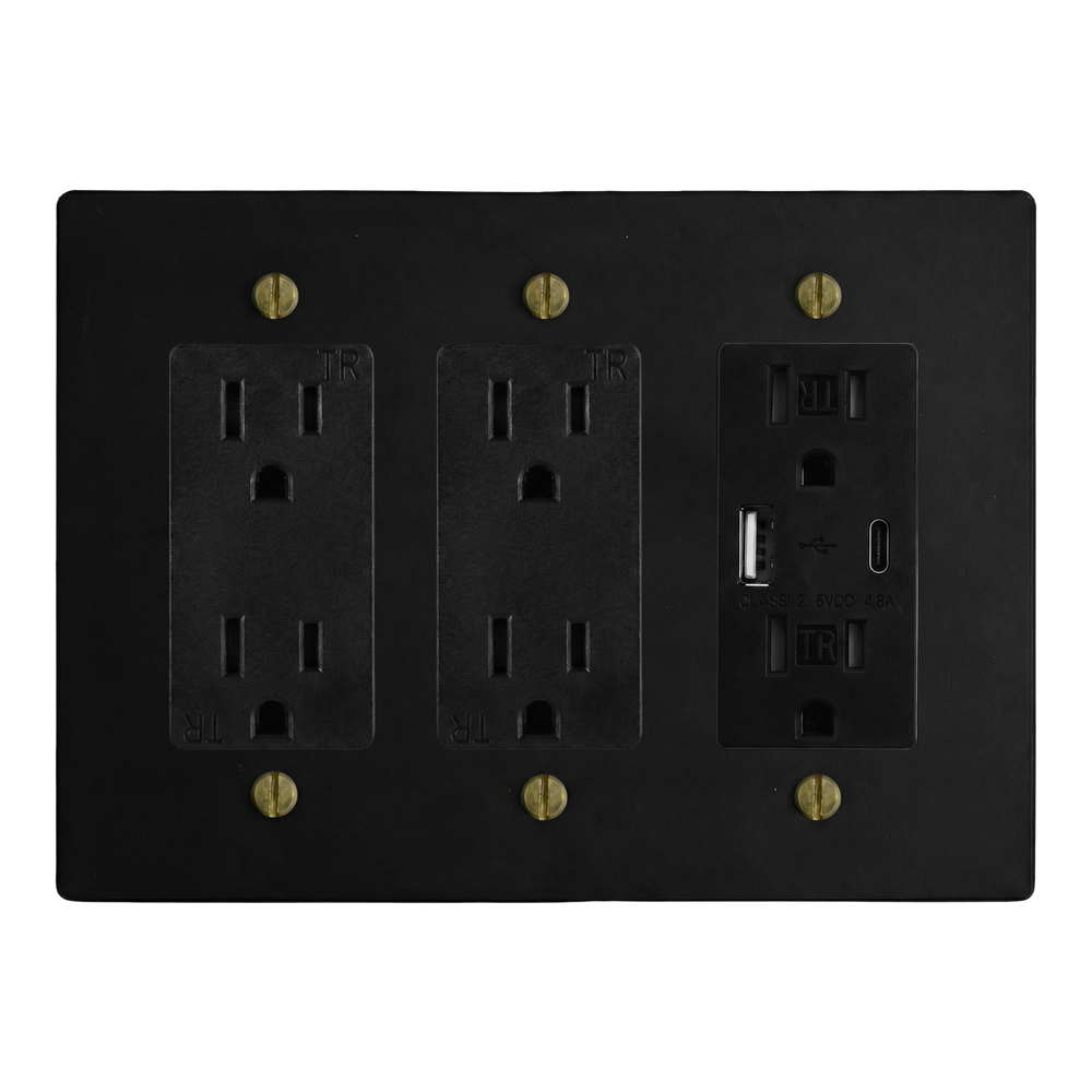 Matte Black (Antique Brass Accents) 3-Gang Duplex Outlet, Duplex Outlet & USB Outlet Switch Plate in Black
